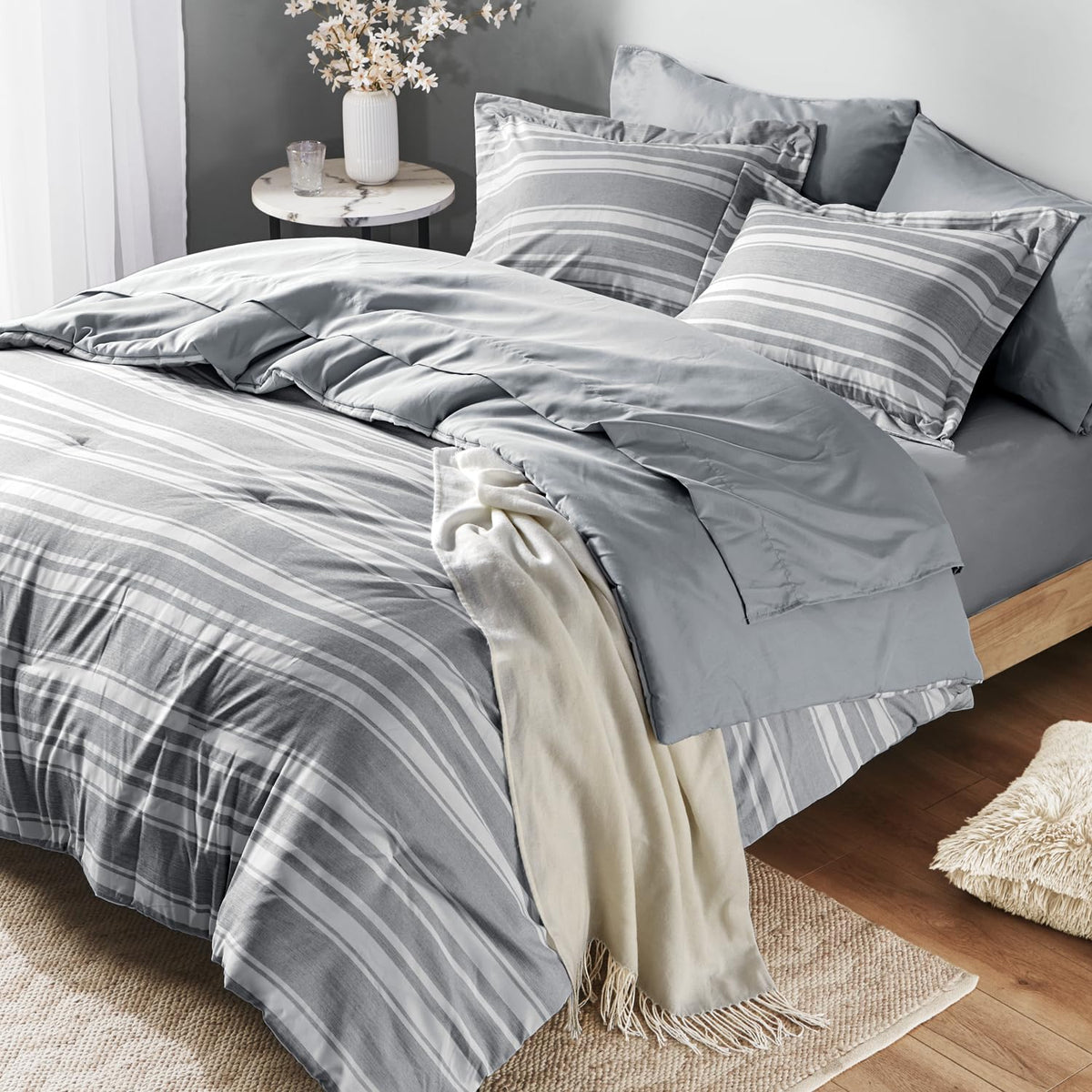 King Size Bed in a Bag, Full Bedding Sets, Modern Farmhouse Grey and White Striped Comforter with Sheets, 7-Piece Complete Bedro