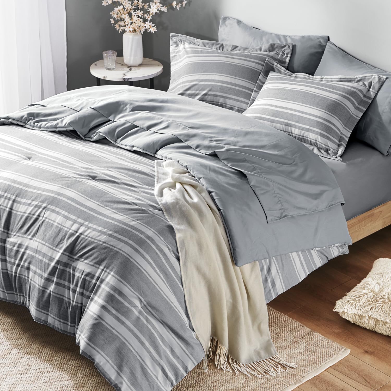 King Size Bed in a Bag, Full Bedding Sets, Modern Farmhouse Grey and White Striped Comforter with Sheets, 7-Piece Complete Bedro