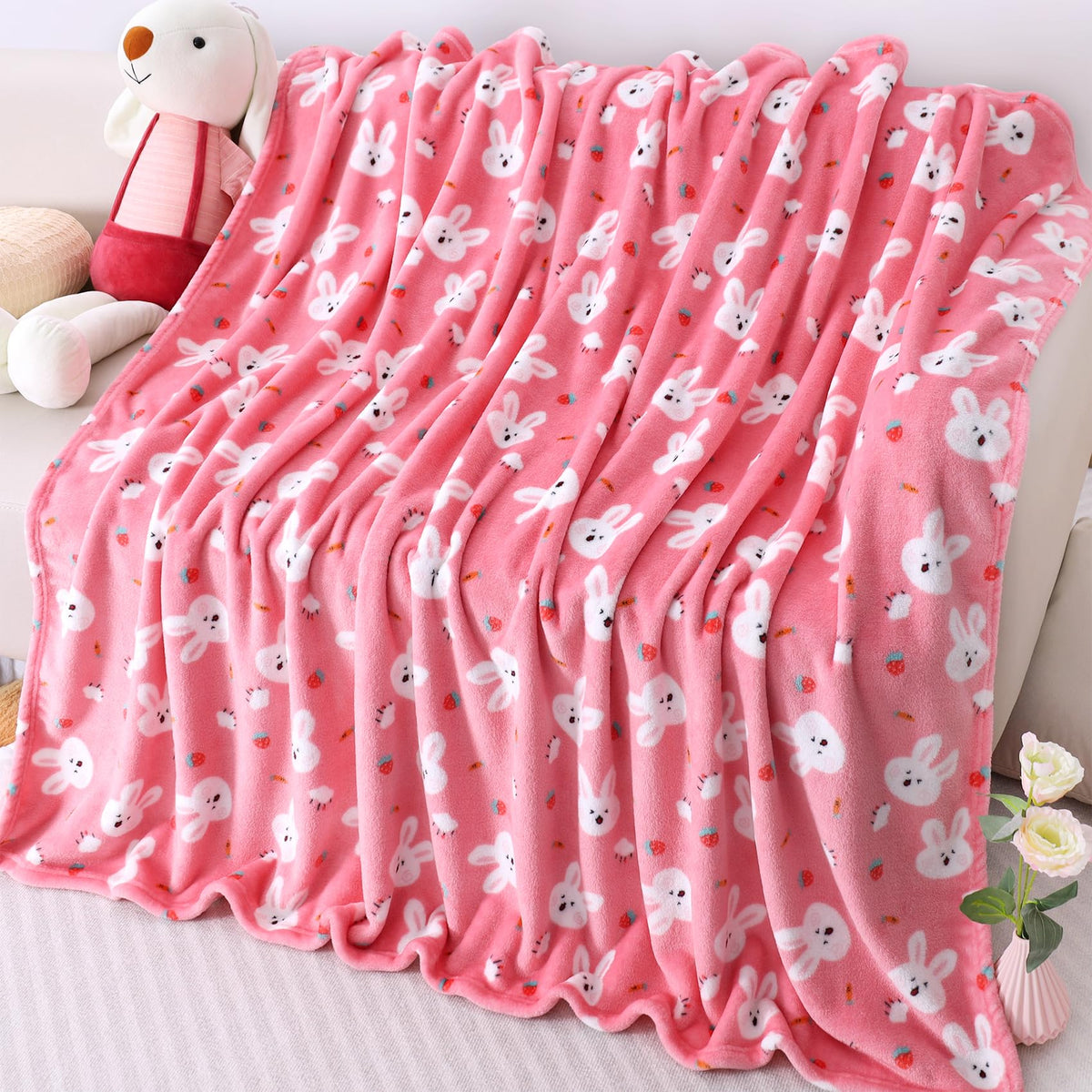 Warm Soft Toddler Fleece Blankets For Girls With Cartoon Bunny Pattern Print - Cozy Fuzzy Plush Flannel Kids Throw Blanket For D