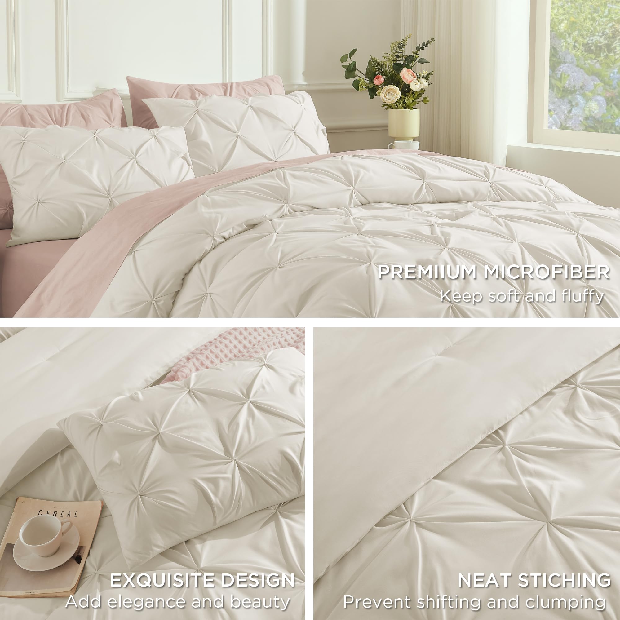Andency Beige Comforter Set Full(79X90Inch), 3 Pieces Lightweight And Soft Comforter Set, All Season Microfiber Pinch Pleat Bedding