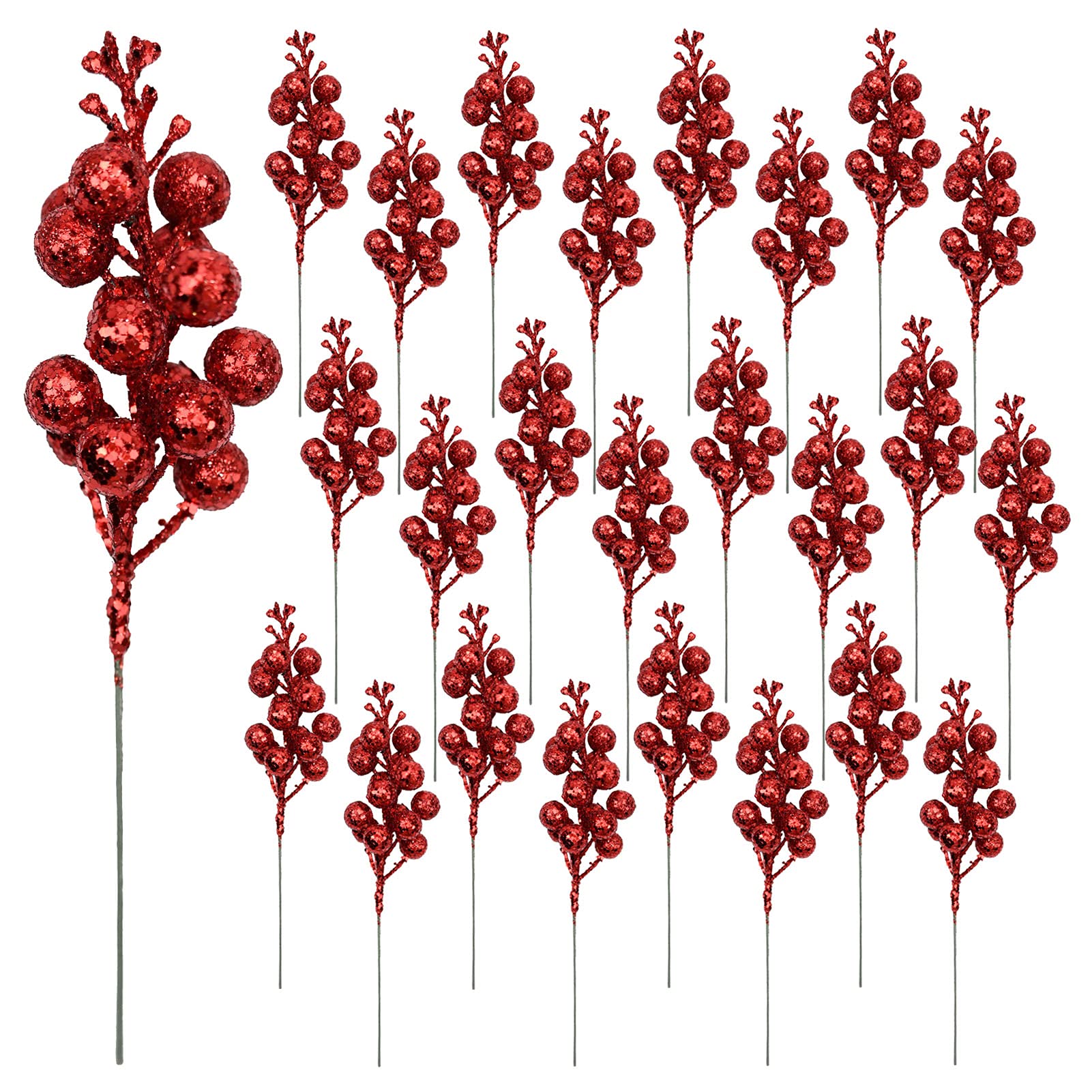 Huisipool 24 Pieces Christmas Glitter Berries Stems Artificial Berry Twig Stem Berry Picks Decorations for Christmas Ornaments, 