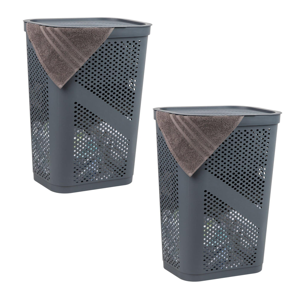 Mind Reader 60L Slim Laundry Hamper, Clothes Basket, Lid, Ventilated, Plastic, 17.25''L x 13.75''W x 23.5''H, Set of 2, Gray