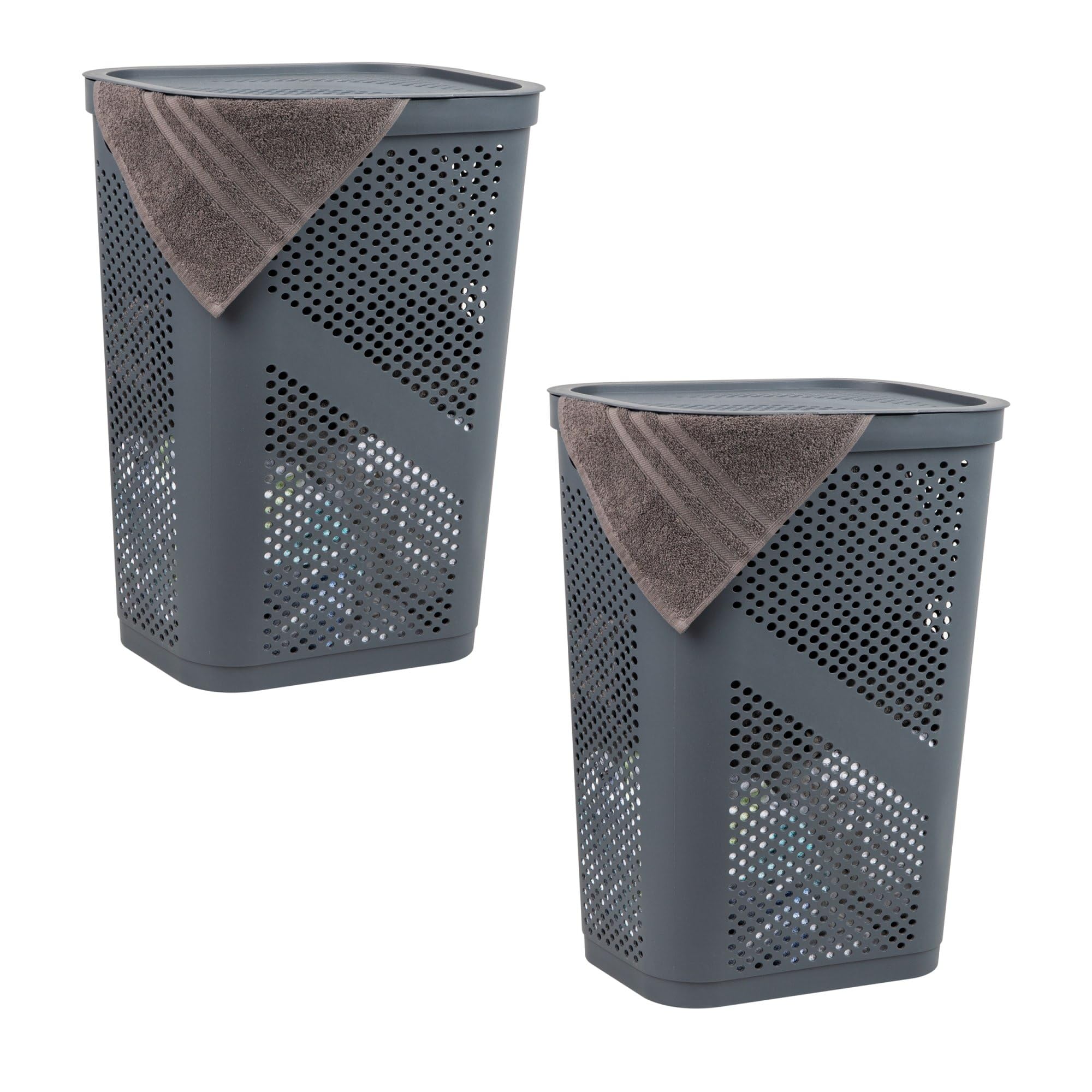 Mind Reader 60L Slim Laundry Hamper, Clothes Basket, Lid, Ventilated, Plastic, 17.25''L x 13.75''W x 23.5''H, Set of 2, Gray