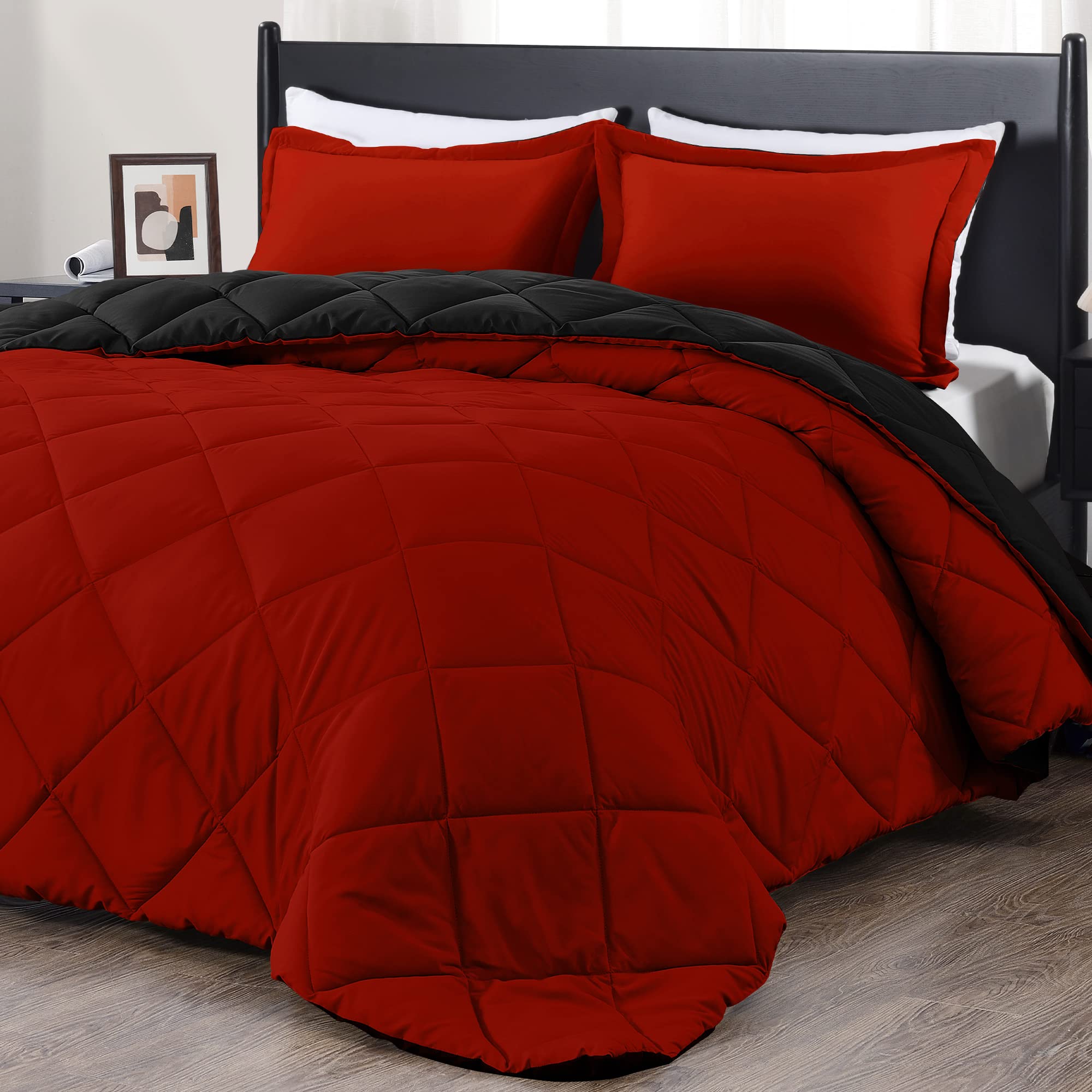 Downluxe California King Comforter Set - Red And Black Cal King Comforter Set, Soft Bedding Sets For All Seasons - 3 Pieces - 1 Comforter (104'X96') And 2 Pillow Shams(20'X36')