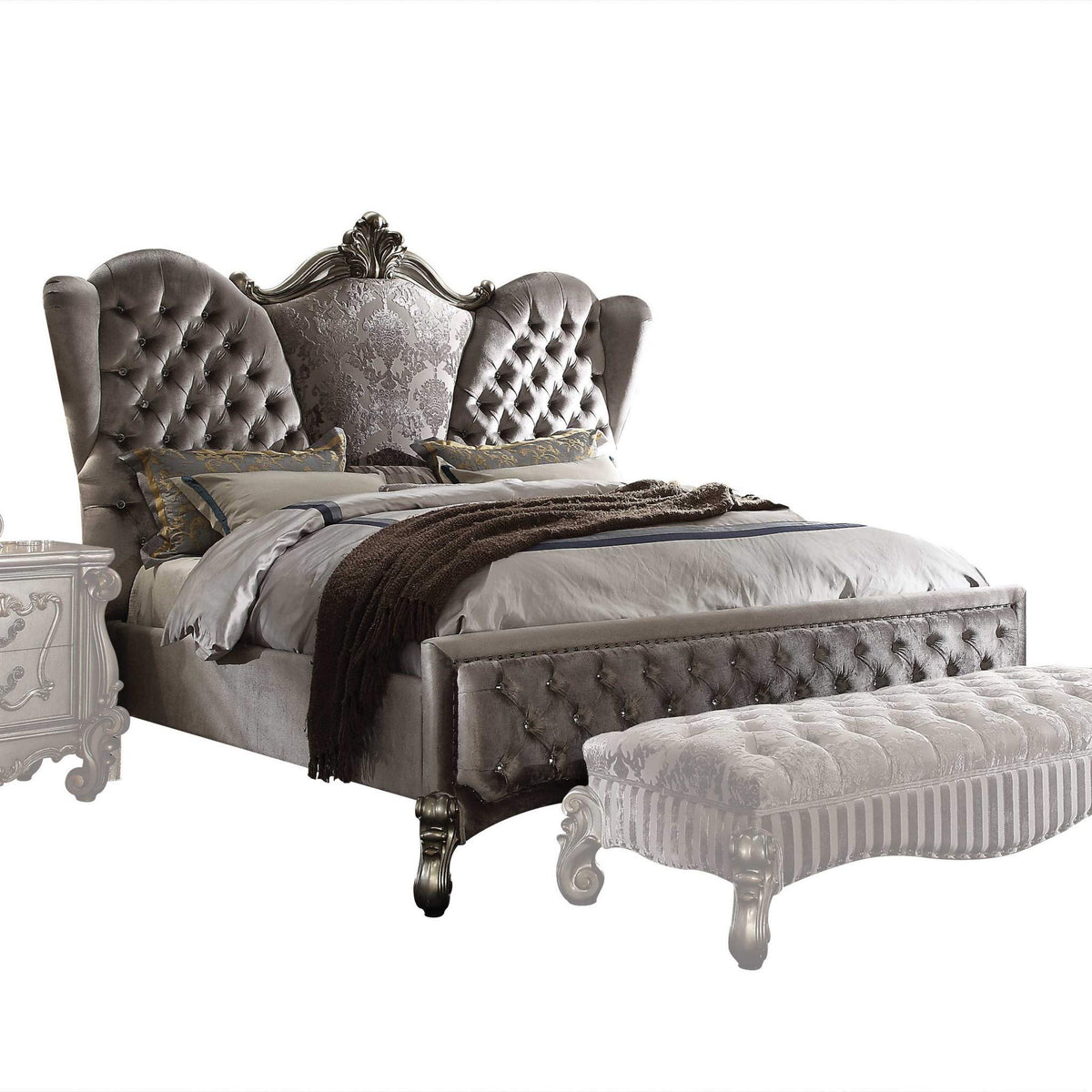 HomeRoots Upholstery, Poly Resin 91' X 96' X 75' Velvet Antique Platinum Upholstery Poly Resin Eastern King Bed