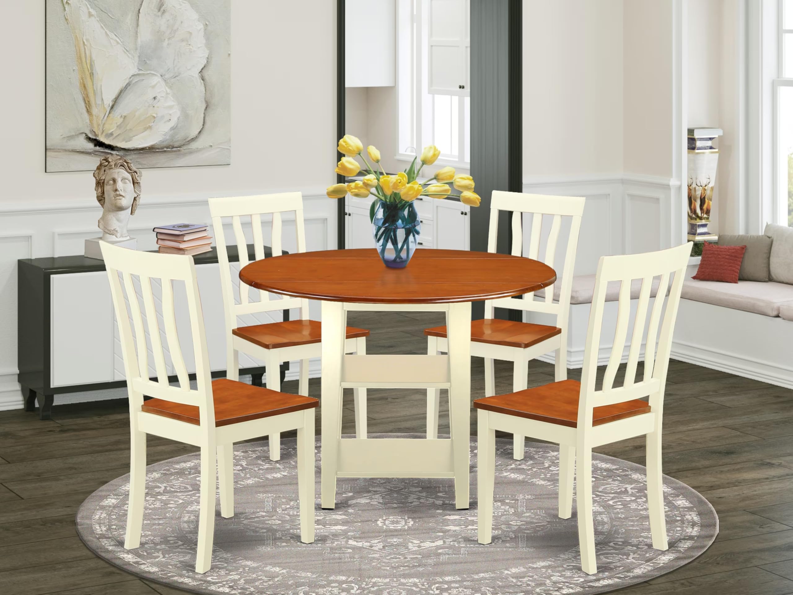 East West Furniture SUAN5-BMK-W 5 Piece Modern Dining Table Set Includes a Round Wooden Table with Dropleaf & Shelves and 4 Dining Room Chairs, 42x42 Inch, Buttermilk & Cherry