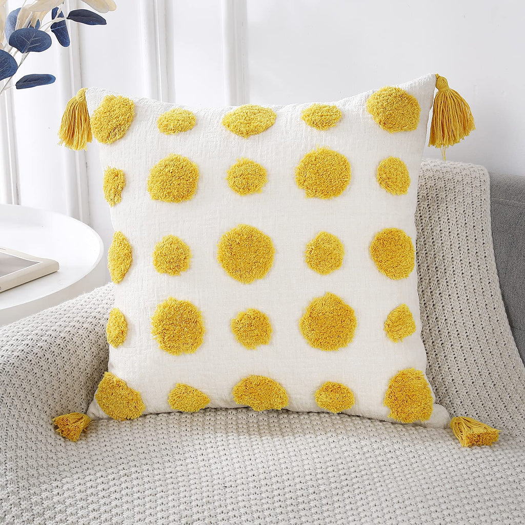 Panod Super Soft Farmhouse Decorative Plush Throw Pillow Covers 22 X 22 Yellow,Solid Pom Pom Tufted With Tassels Modern Accent B