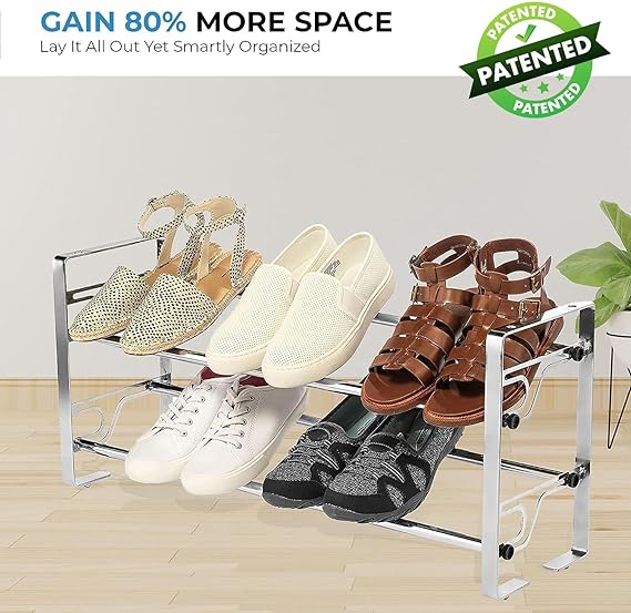 2-Tier Metal Shoe Rack with Slide-n-Adjust, 6-Pair Capacity, Chrome Finish