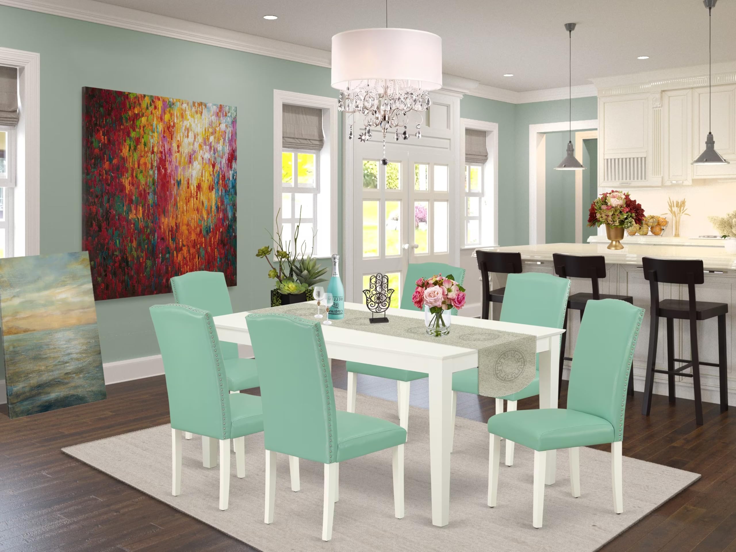 East West Furniture Caen7-Lwh-57 7 Piece Dining Table Set Consist Of A Rectangle Dining Room Table And 6 Pond Faux Leather Upholstered Parson Chairs, 36X60 Inch, Linen White