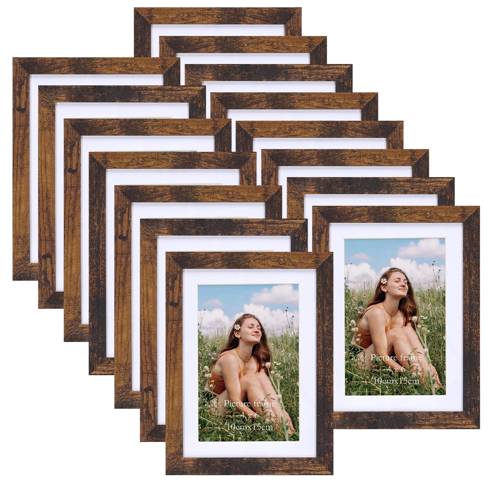 EYMPEU 4x6 Picture Frames Rustic Brown Wood Set of 15, Display Multi 4x6 Photos with Mat or 5x7 without Mat, Bulk Matted 4x6 Fra
