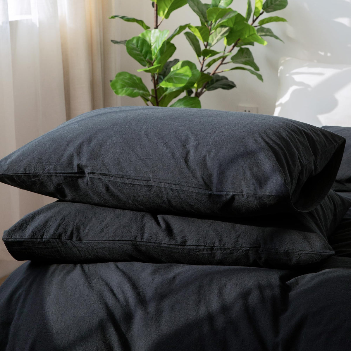 Moomee Bedding Pillowcases Pack Of 2 100% Washed Cotton Linen Like Textured Breathable Durable Soft Comfy (Black, Standard)