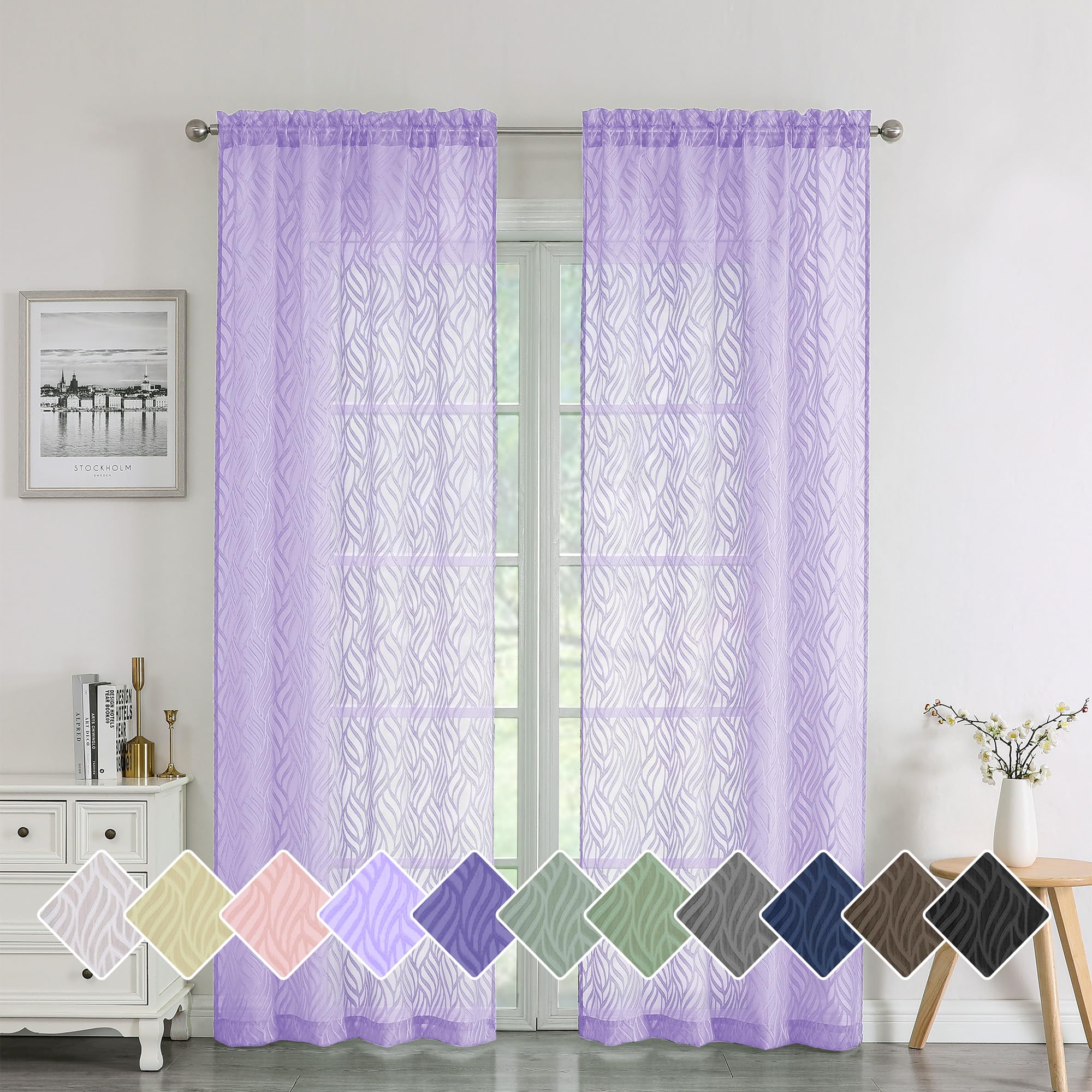 Chyhomenyc Marilyn Light Purple Sheer Curtains 84 Inch Length 2 Panels Set, Light Filtering 3D Leaf Clip Jacquard Textured Voile