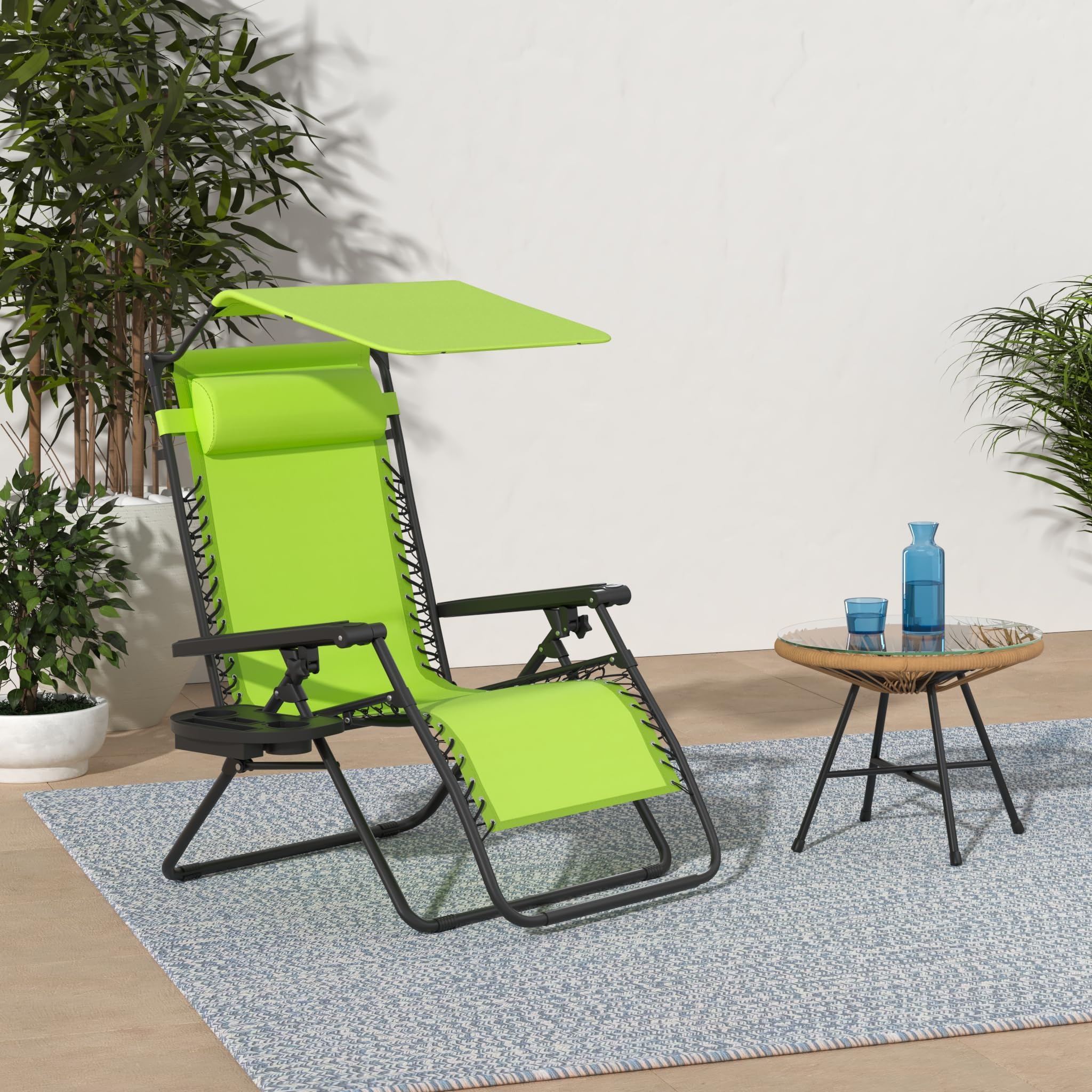 Best Choice Products Folding Zero Gravity Outdoor Recliner Patio Lounge Chair W/Adjustable Canopy Shade, Headrest, Side Accessory Tray, Textilene Mesh - Lime Green