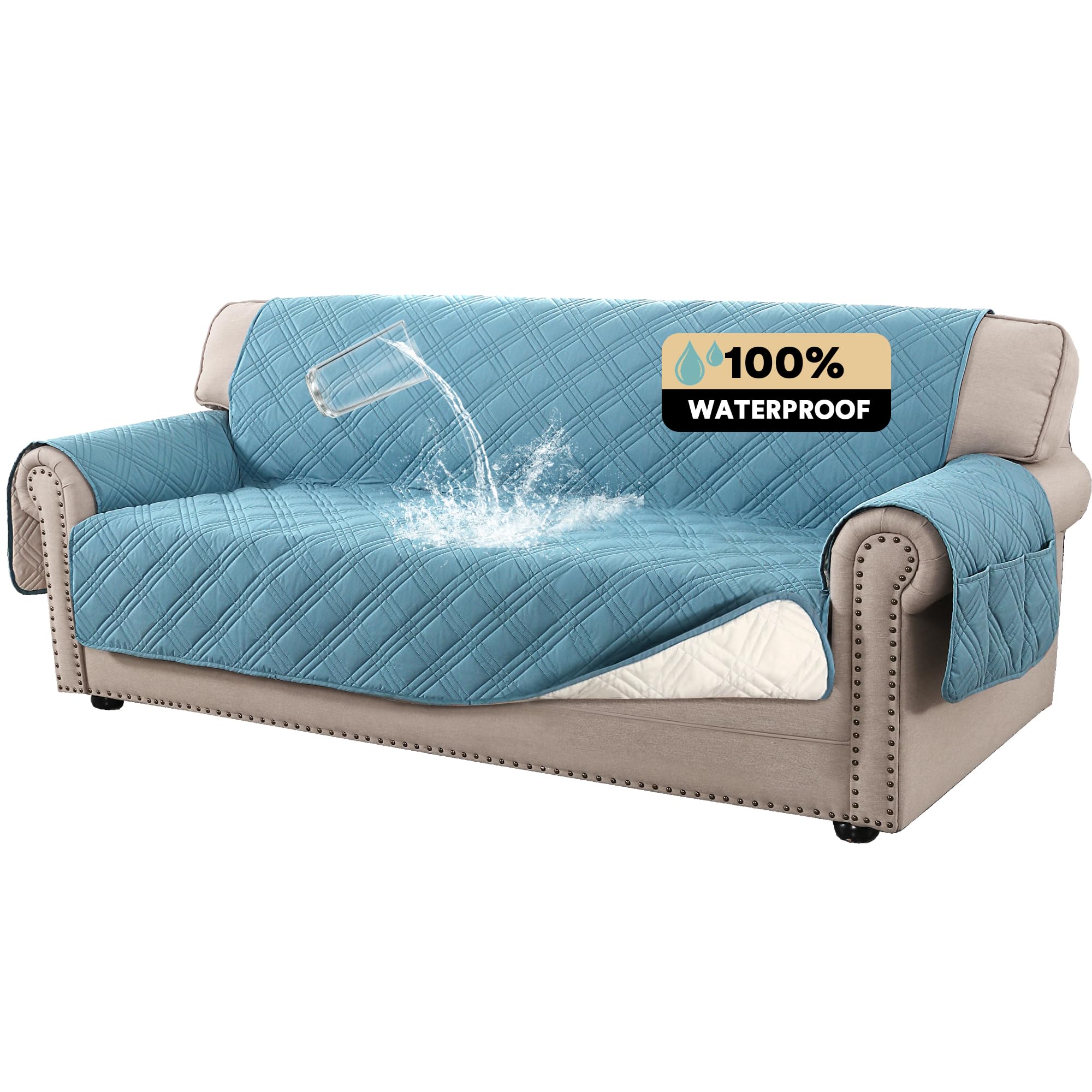 Princedeco 100% Waterproof Couch Cover For 3 Cushion Couch Sofa Pet Friendly Non-Slip Couch Cover For Dogs Washable Water Resistant Furniture Protector With Elastic Straps(Sofa 68', Smoke Blue)