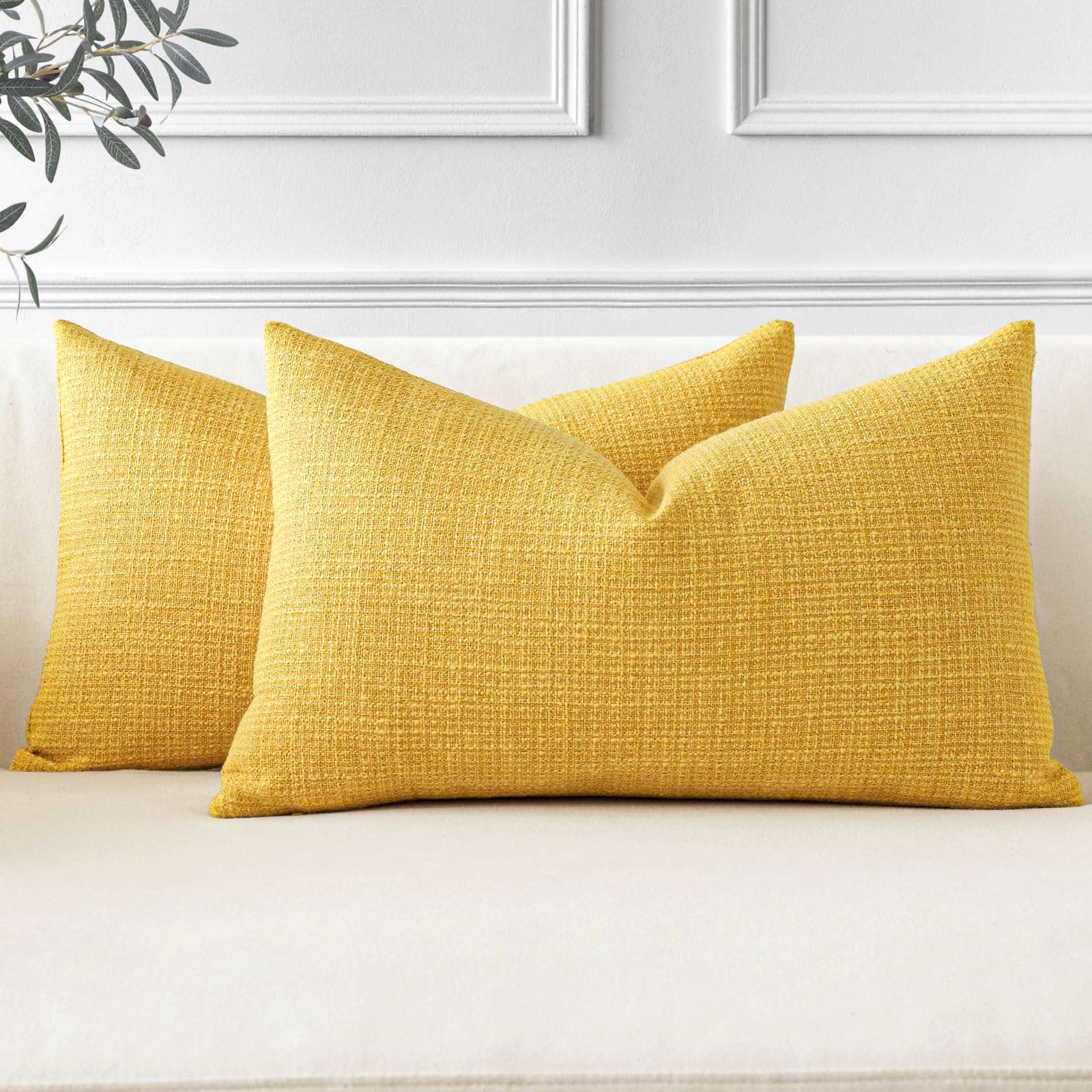 Otostar Pack Of 2 Throw Pillow Covers 16X24 Inch Linen Yellow Pillowcases Farmhouse Decorative Solid Pillow Covers 40X60 Cm Lumb