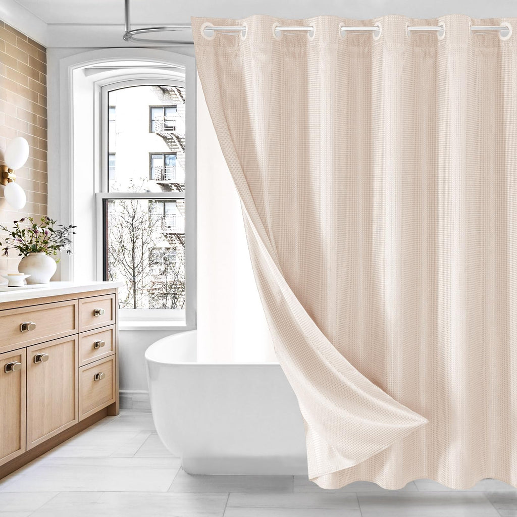 MitoVilla Pink Long Shower Curtain 72 x 80, No Hooks Needed 80 inch Long Heavyweight Waffle Fabric Shower Curtain Set with Snap-