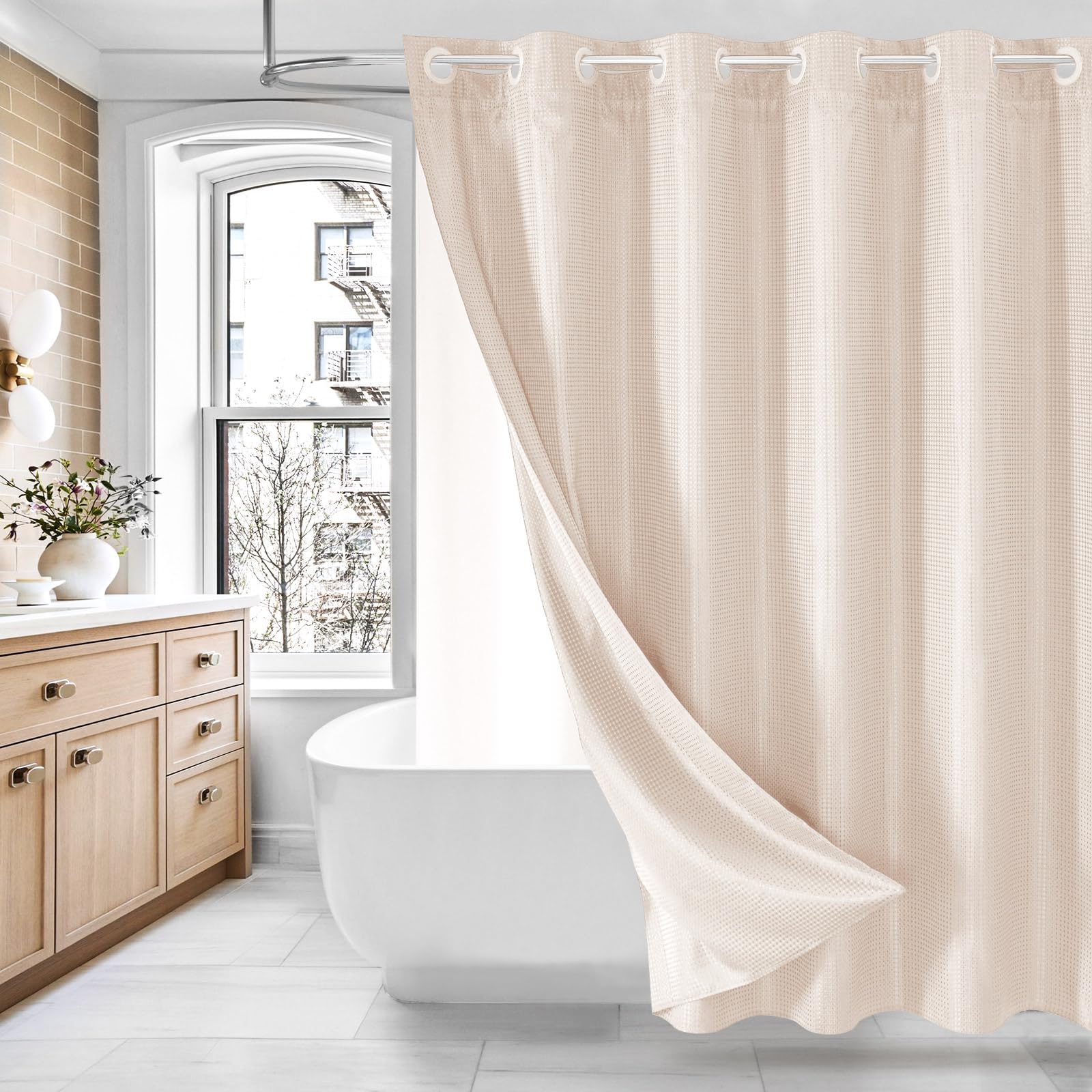 MitoVilla Pink Long Shower Curtain 72 x 80, No Hooks Needed 80 inch Long Heavyweight Waffle Fabric Shower Curtain Set with Snap-