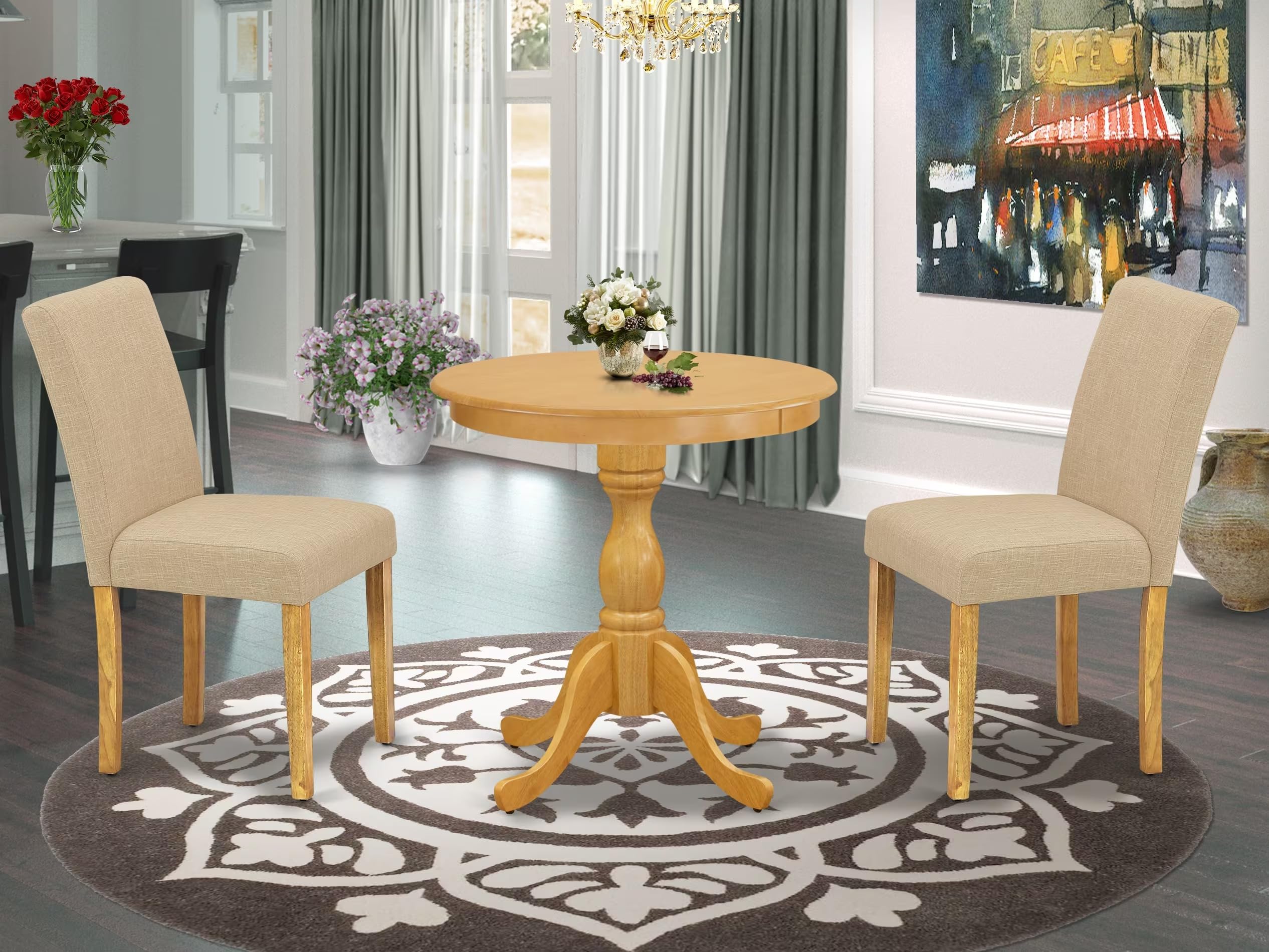 East West Furniture Esab3-Oak-04 3 Piece Dining Table Set For Small Spaces Contains A Round Wooden Table With Pedestal And 2 Light Tan Linen Fabric Parson Chairs, 30X30 Inch, Oak