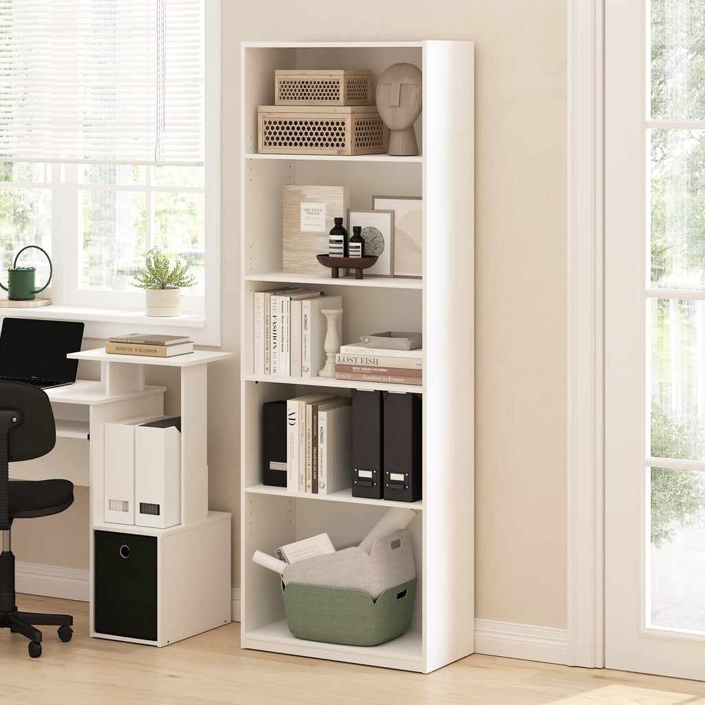 Furinno Gehry 5-Tier Bookcase, Bookshelf with Adjustable Shelves, White