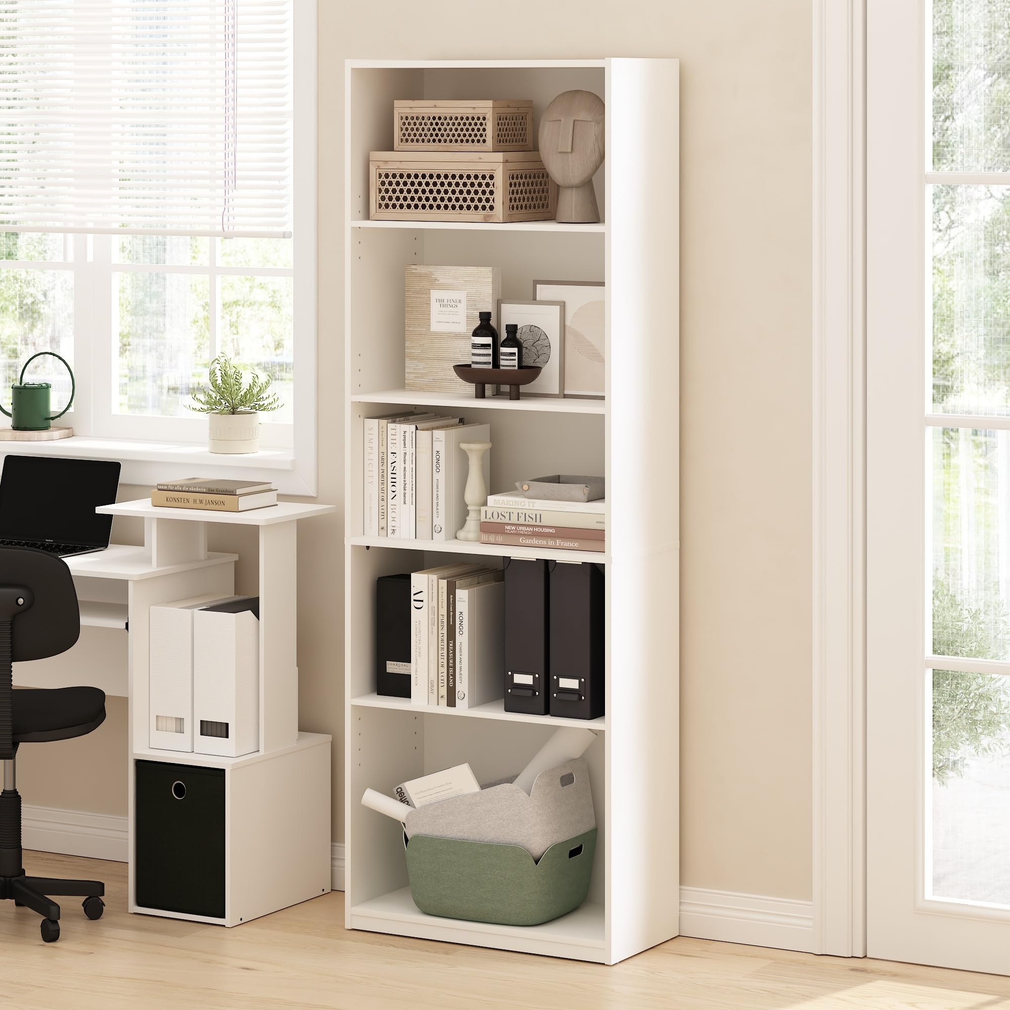 Furinno Gehry 5-Tier Bookcase, Bookshelf with Adjustable Shelves, White
