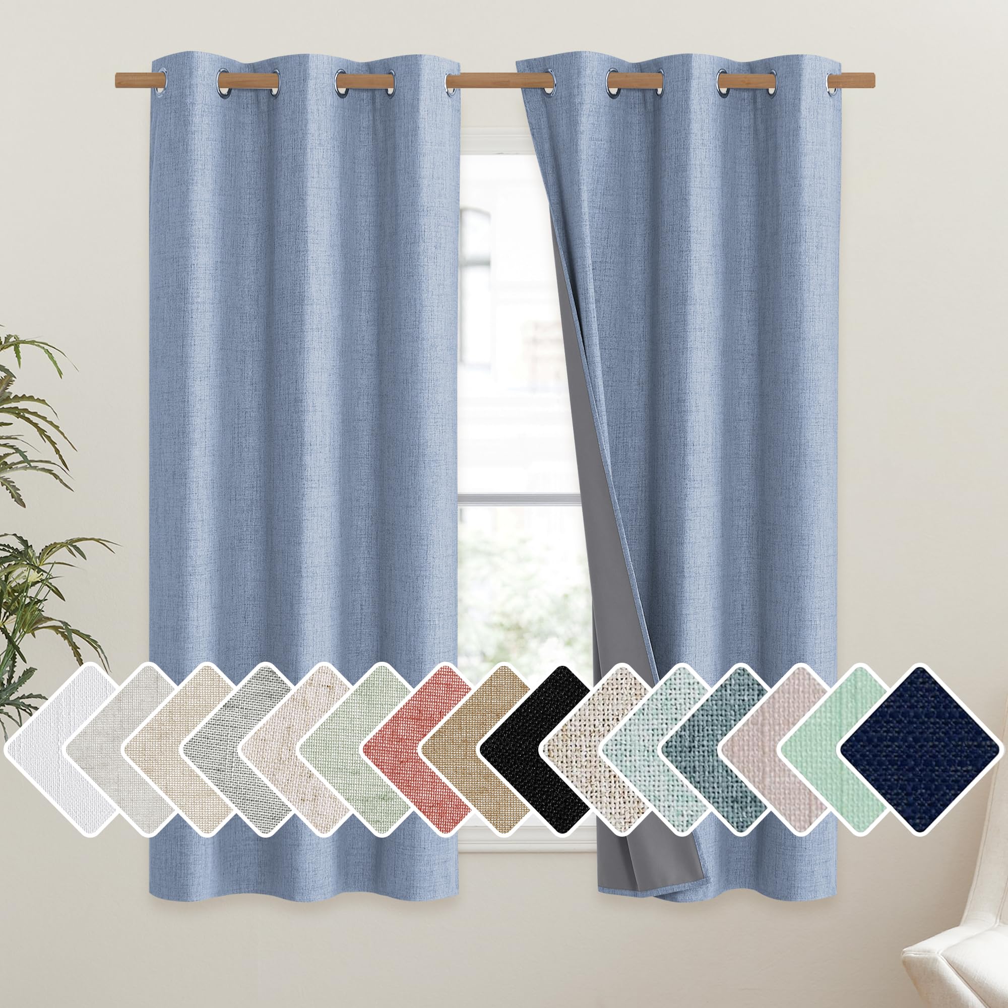 NICETOWN Stone Blue Vintage Linen 100% Blackout Curtains for Dining Room, Thermal Insulated Curtains 54 Long, Noise Reducing Win