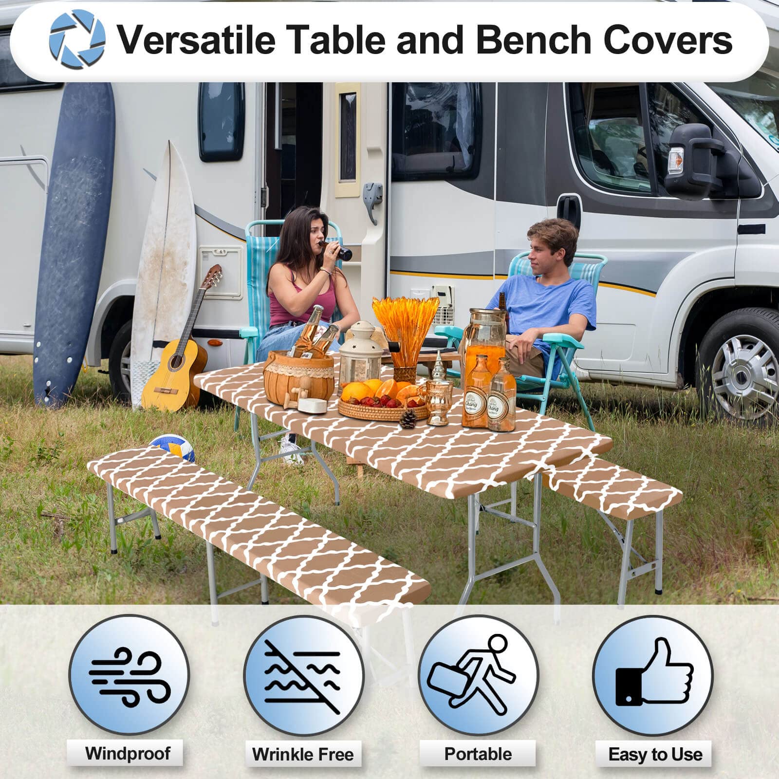 Outdoorlines Vinyl Fitted Picnic Table Cover With Bench Covers - Waterproof Camping Tablecloth For Picnic Table, Elastic Picnic Table Covers For Outdoor, Camping (Moroccon Camel 72X30 Inch, 3 Pcs)
