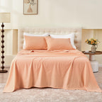 Simple&Opulence Belgian Linen Sheet Set Solid Color - 3 Pieces (1 Flat Sheet & 1 Fitted Sheet & 1 Pillowcase) Natural Flax Cotton Blend Soft Bedding Breathable Farmhouse - Peach, Twin Size