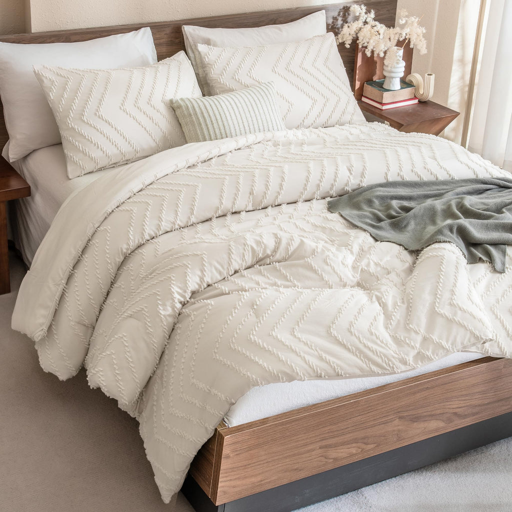Andency Brown Comforter Set Queen Size, Boho Soft Warm Tufted Bedding Comforter Sets For Queen Size Bed, 3 Pieces Aesthetic Chevron Farmhouse Cute Bohemian Textured Bed Set