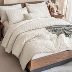 Andency Brown Comforter Set Queen Size, Boho Soft Warm Tufted Bedding Comforter Sets For Queen Size Bed, 3 Pieces Aesthetic Chevron Farmhouse Cute Bohemian Textured Bed Set