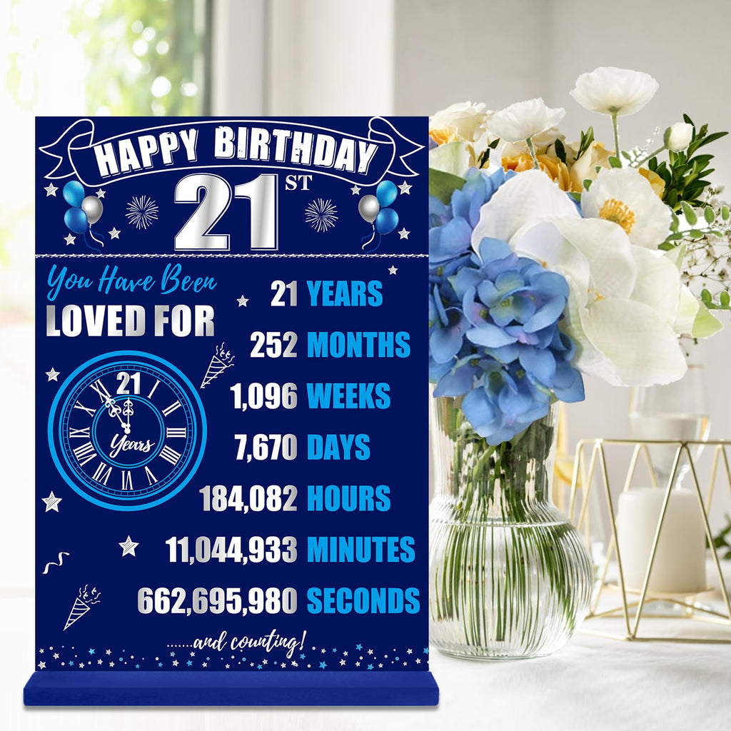 Eiurteao 21Th Birthday Decorations Back In 2003 Table Sign For Boys, Blue Silver 21 Birthday Two-Sided Wooden Table Poster With