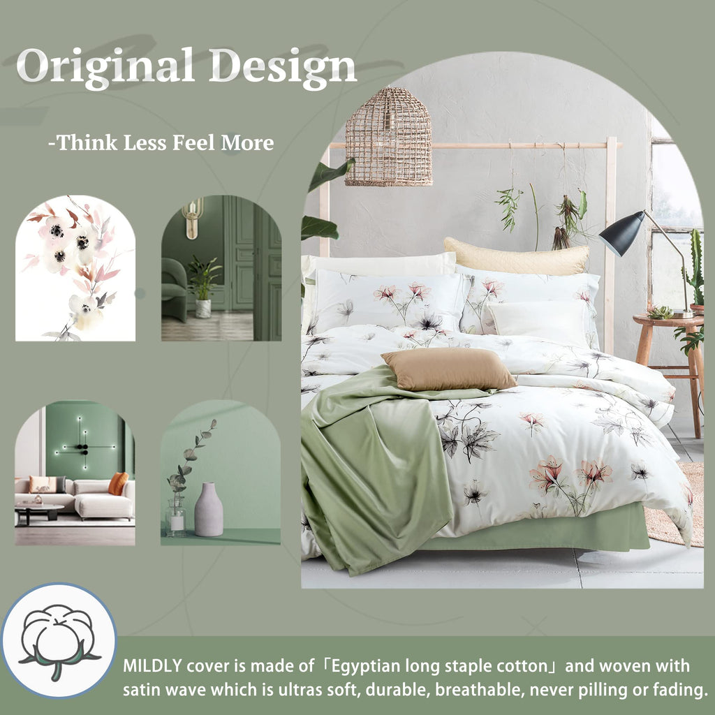 Mildly 100% Long-Staple Cotton Duvet Cover Set White Green Floral Leaves Pattern Printed Comforter Cover 3Pcs, Ultra Soft & Brea