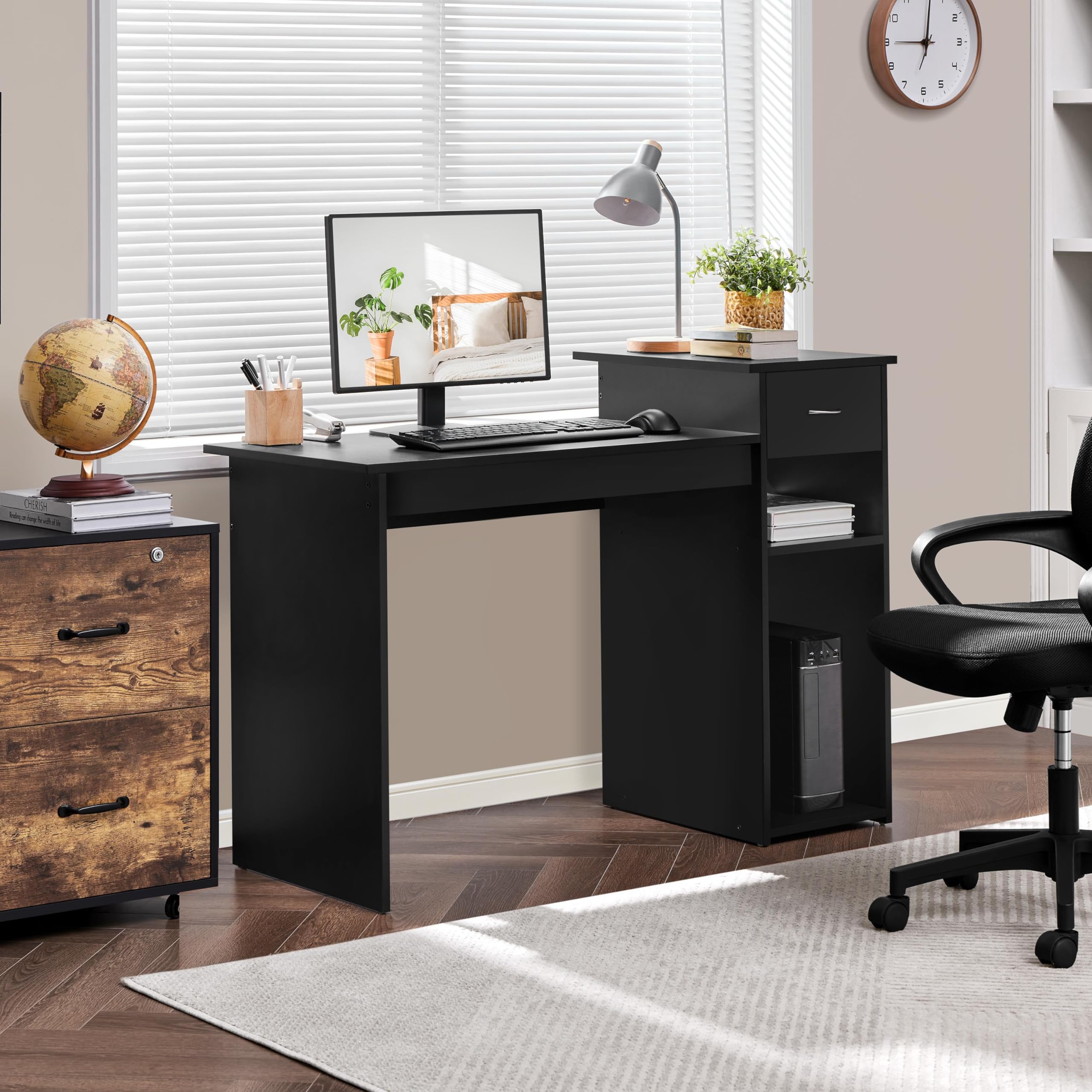 Yaheetech Home Office Computer Desk With Storage Drawer And Monitor Stand, Wooden Pc Laptop Desk, Modern Simple Style Computer Workstation Study Writing Desk, Black