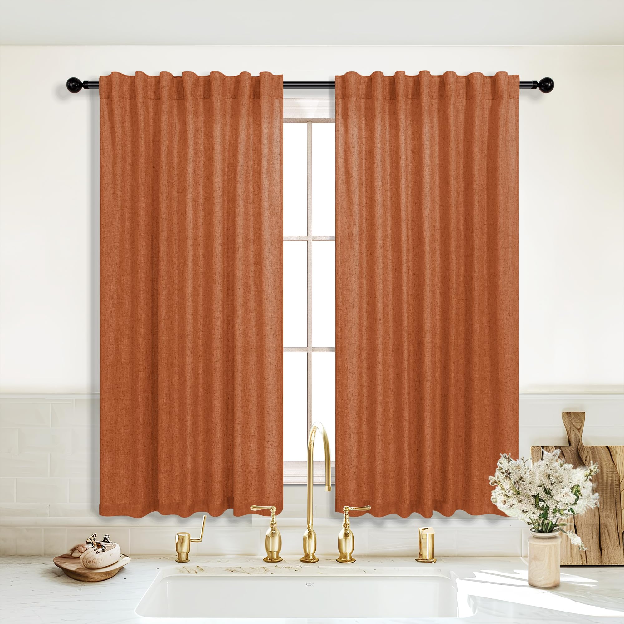 Koufall Fall Curtains For Kitchen,Burnt Orange Sheer Curtains For Bathroom Window,45 Inch Length