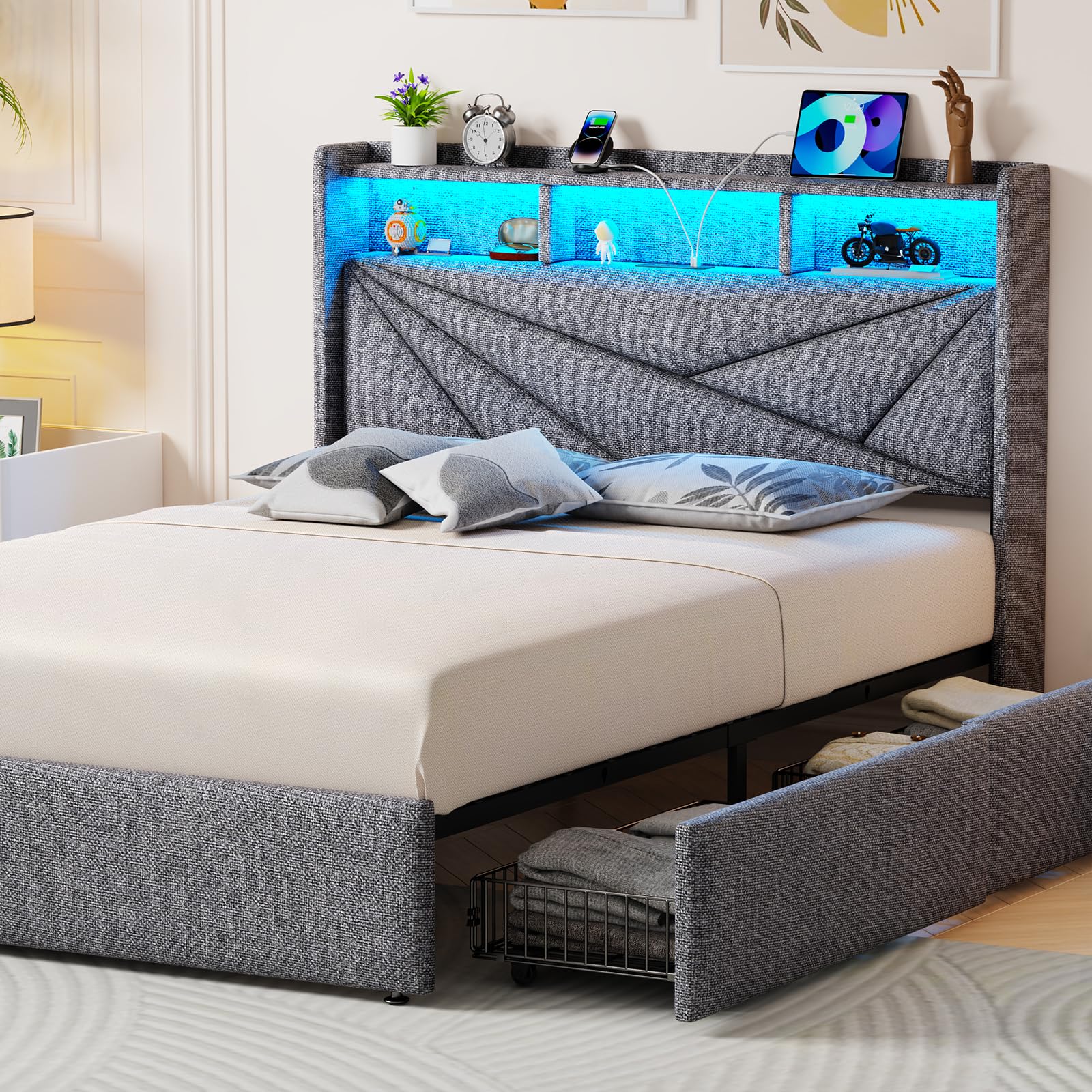 Driftalia Queen Bed Frame with 4 Storage Drawers, Upholstered Bed Frame Queen Size with LED Lights Headboard and Charging Statio