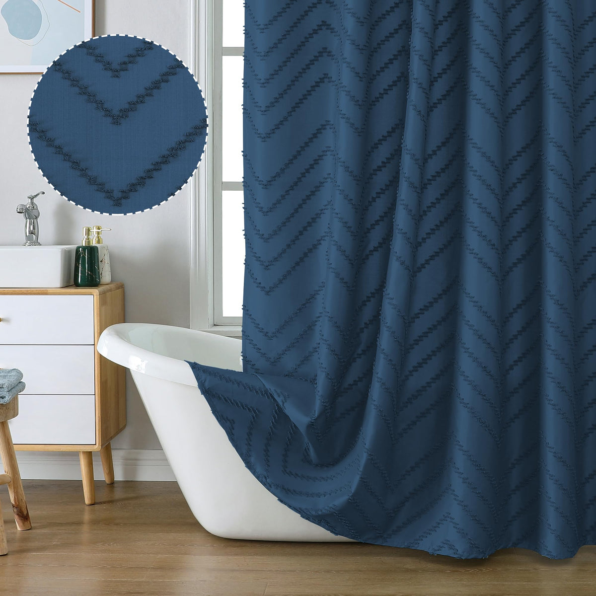 Chyhomenyc Chevron Extra Long Dusty Blue Boho Shower Curtain Set 72X78 Inches, Fabric Shower Curtain Modern Farmhouse Chic Textu