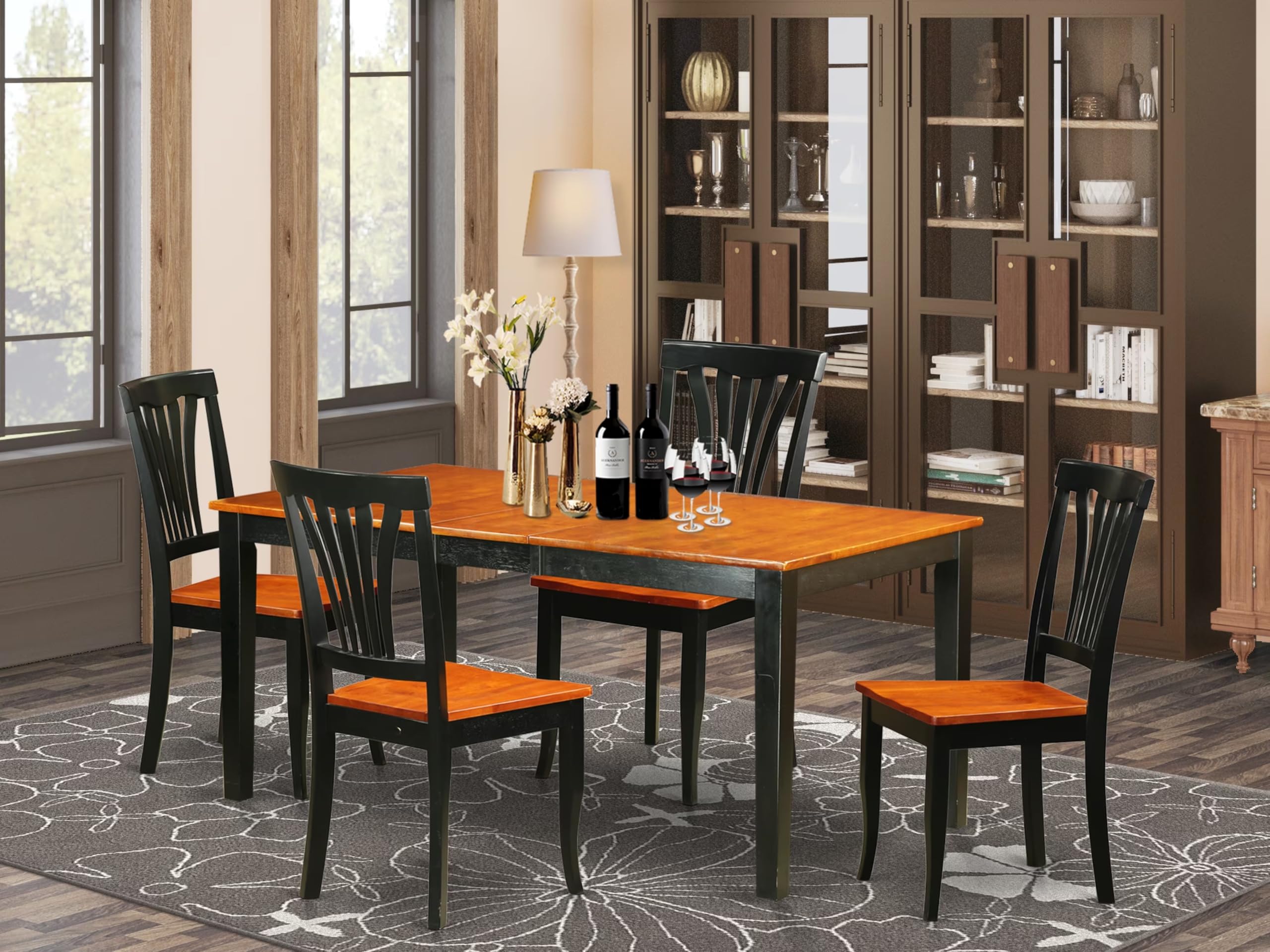 East West Furniture NIAV5-BCH-W 5 Piece Modern Dining Table Set Includes a Rectangle Wooden Table with Butterfly Leaf and 4 Dining Room Chairs, 36x66 Inch, Black & Cherry