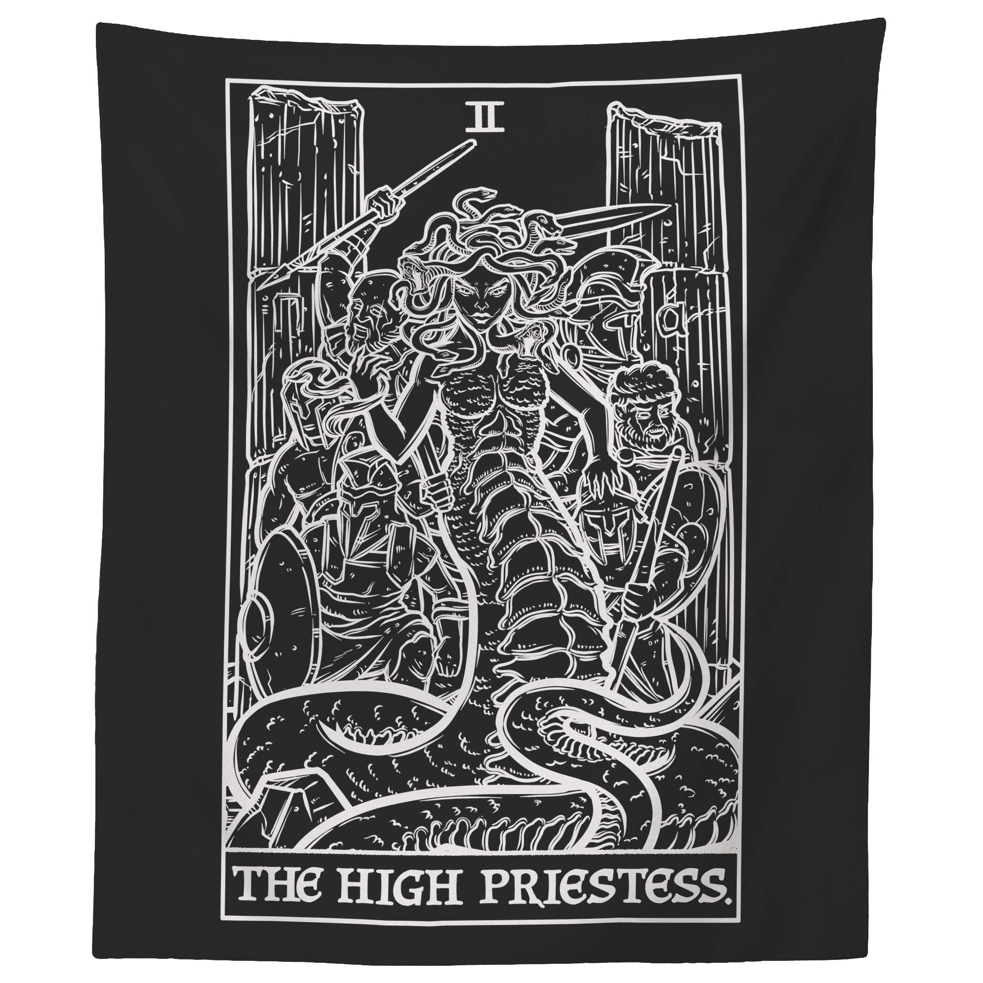 The High Priestess Tarot Card Tapestry (Black & White) - Medusa - Greek Mythology Home Decor Wall Hanging (60 x 50)