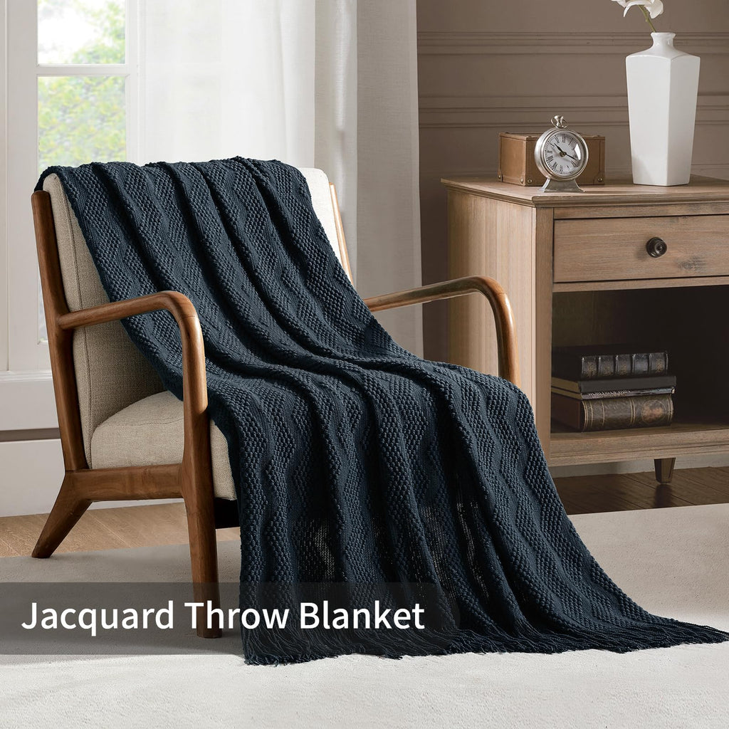 Bourina Throw Blanket Textured Solid Soft Throws And Blankets For Sofa Or Bed Knitted Decorative Blanket Ripple 50X60 Inches Nav