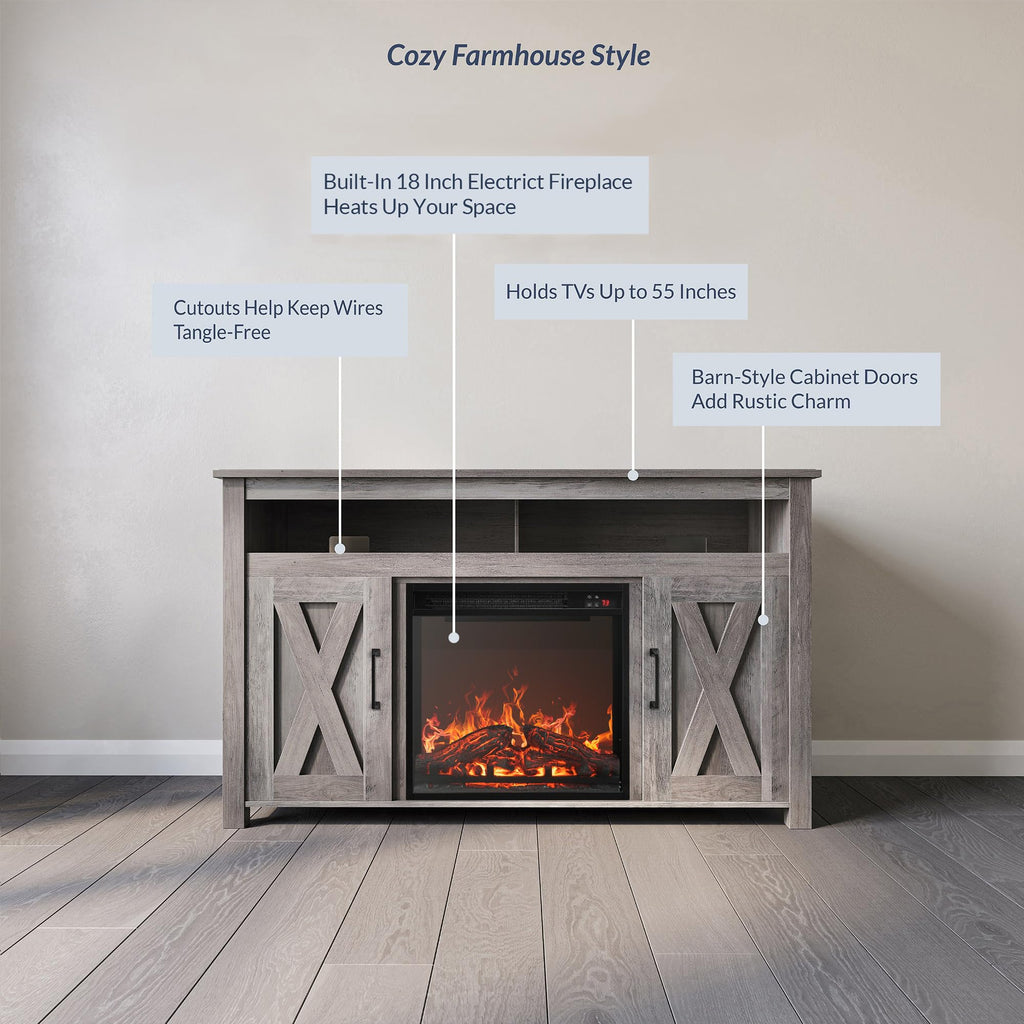 Belleze Modern 48' Barn Door Wood Tv Stand With 18' Electric Fireplace Heater & Media Entertainment Center Console Table For Tv Up To 50' With Two Open Shelves And Cabinets - Corin (Grey Wash)