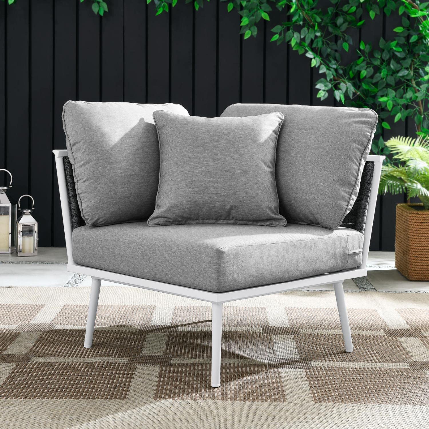 Modway Stance Outdoor Patio Woven Rope Aluminum Sectional Sofa Corner Chair in White Gray