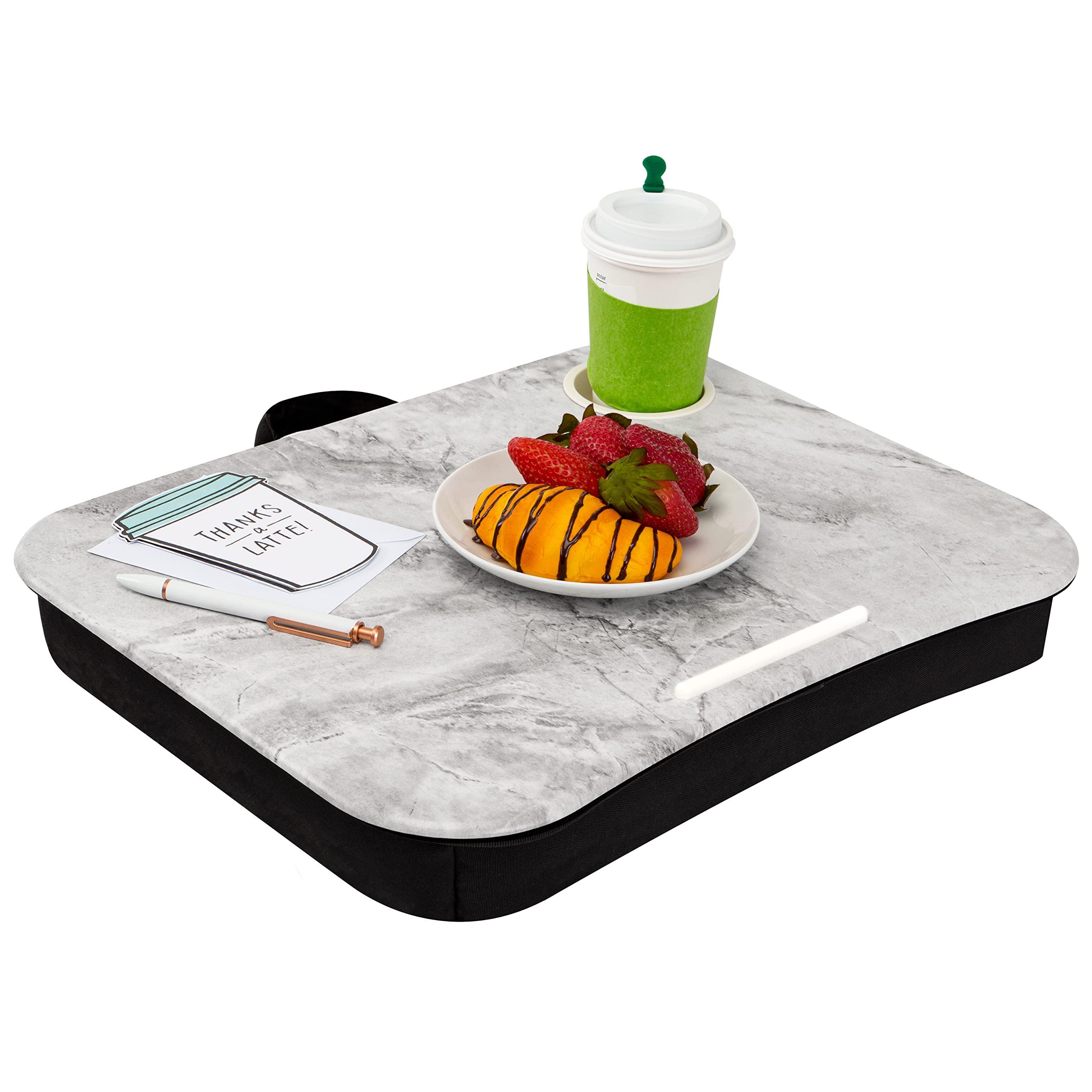 Lapgear Cup Holder Lap Desk With Device Ledge - White Marble - Fits Up To 14 Inch Laptops - Style No. 46305