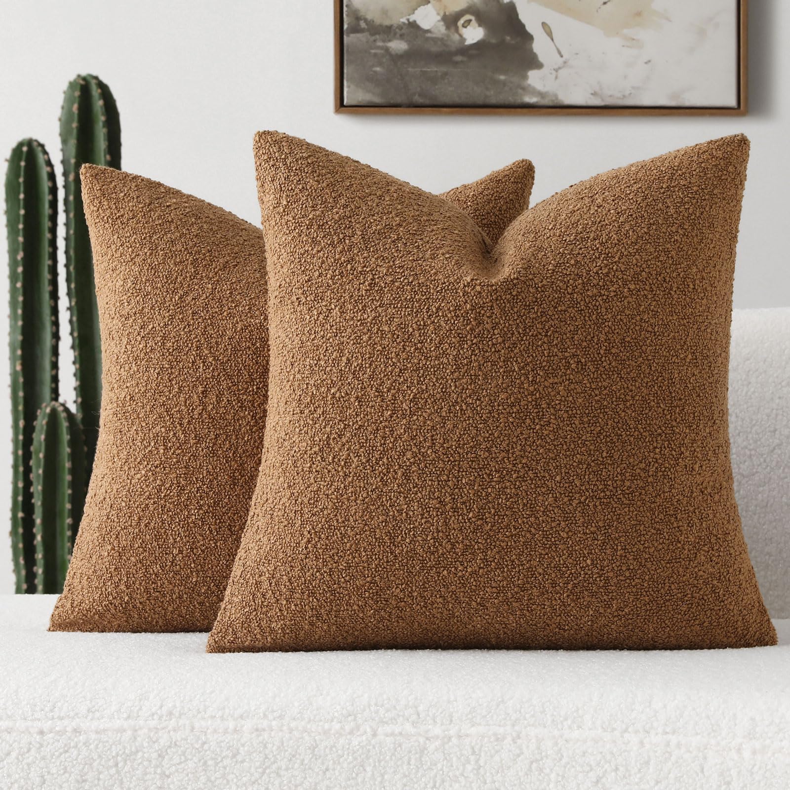 Futei Pack Of 2 Tobacco Boucle Accent Decorative Throw Pillow Covers,22X22 Inch Soft Solid Textured Cushion Case,Home Decor For