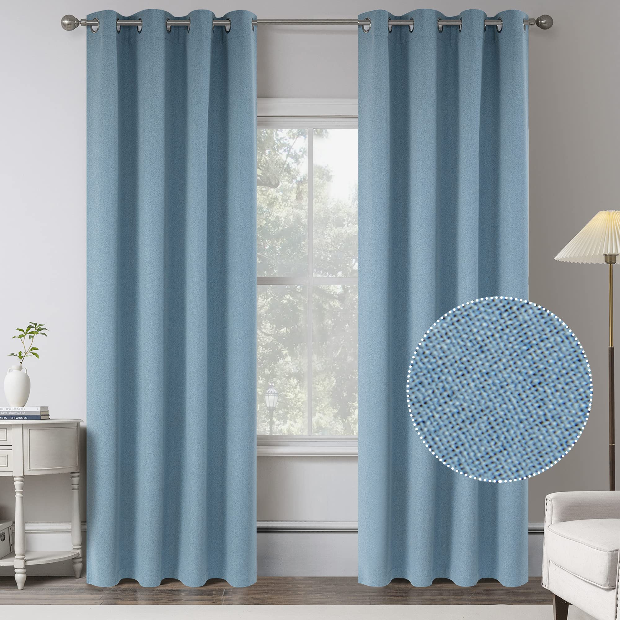 Keqiaosuocai Light Blue Linen 100% Blackout Curtains For Bedroom - 95 Inches Long Energy Saving Thermal Insulated Window Treatme