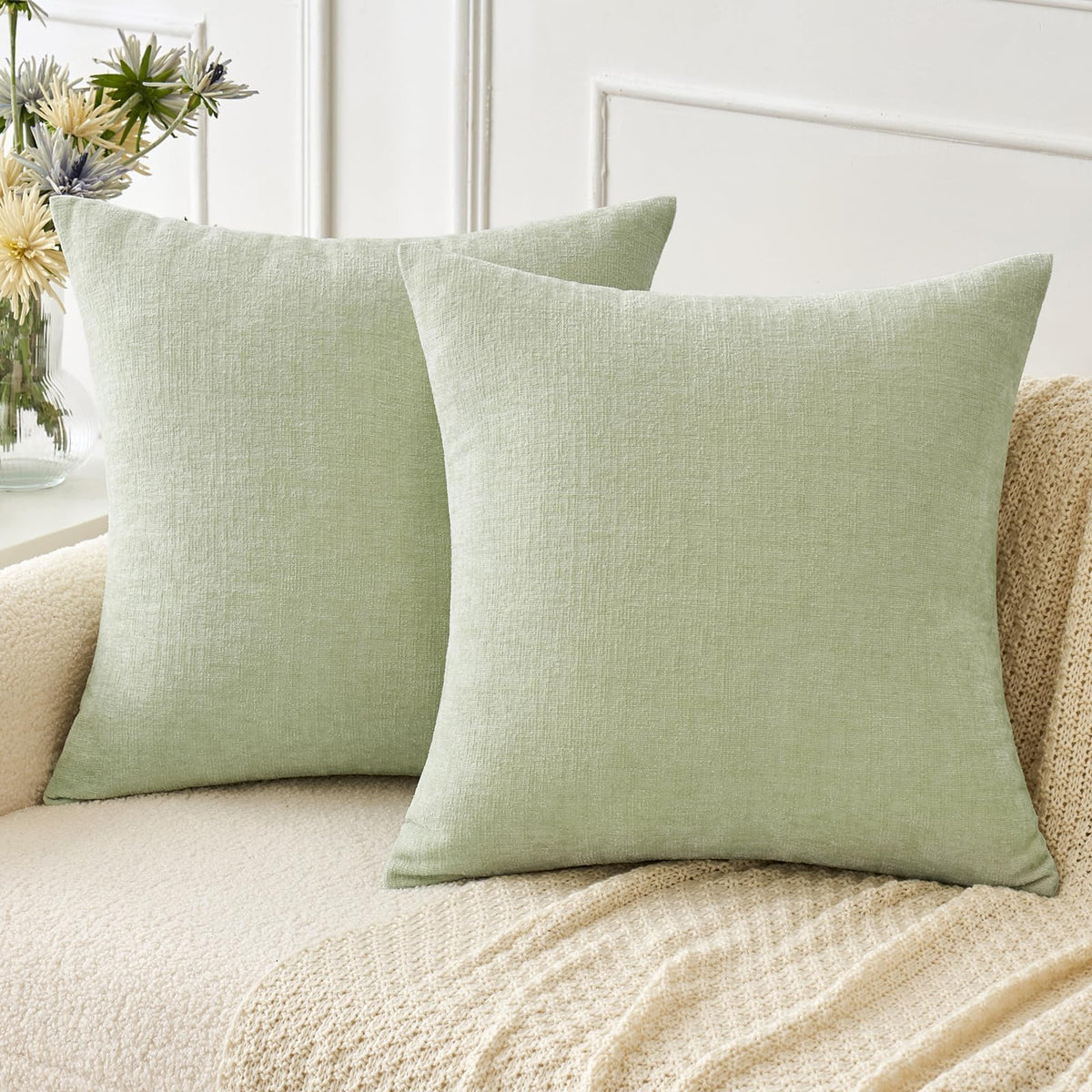 Miulee Pack Of 2 Spring Light Green Couch Throw Pillow Covers 20X20 Inch Soft Chenille Pillow Covers For Sofa Living Room Solid