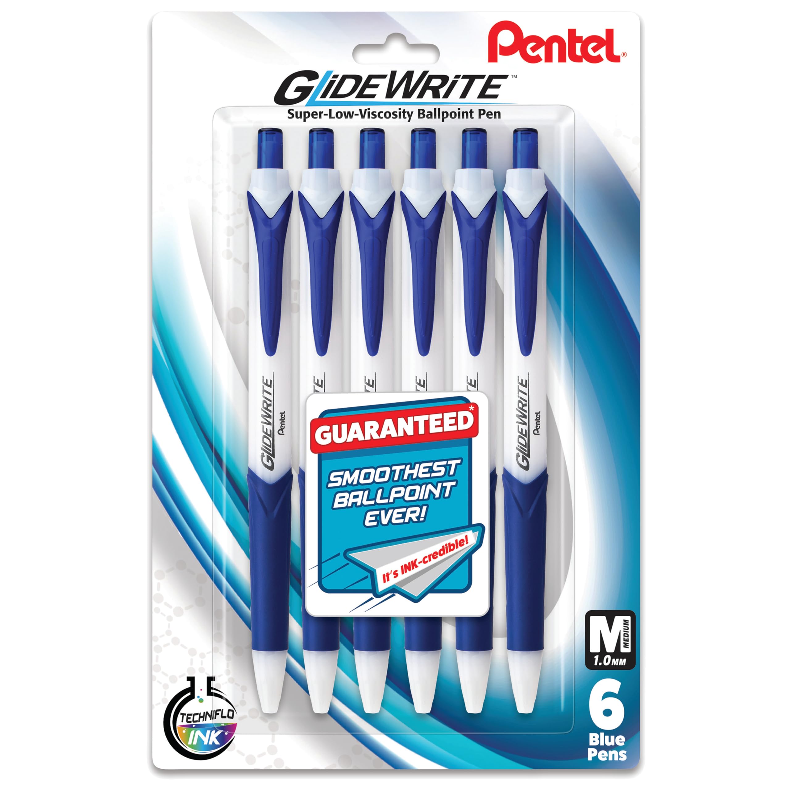 Pentel Glidewrite Ballpoint Pen With Techniflo Ink, (1.0Mm) Medium Line, Blue Ink, Pack Of 6 (Bx910Bp6C)