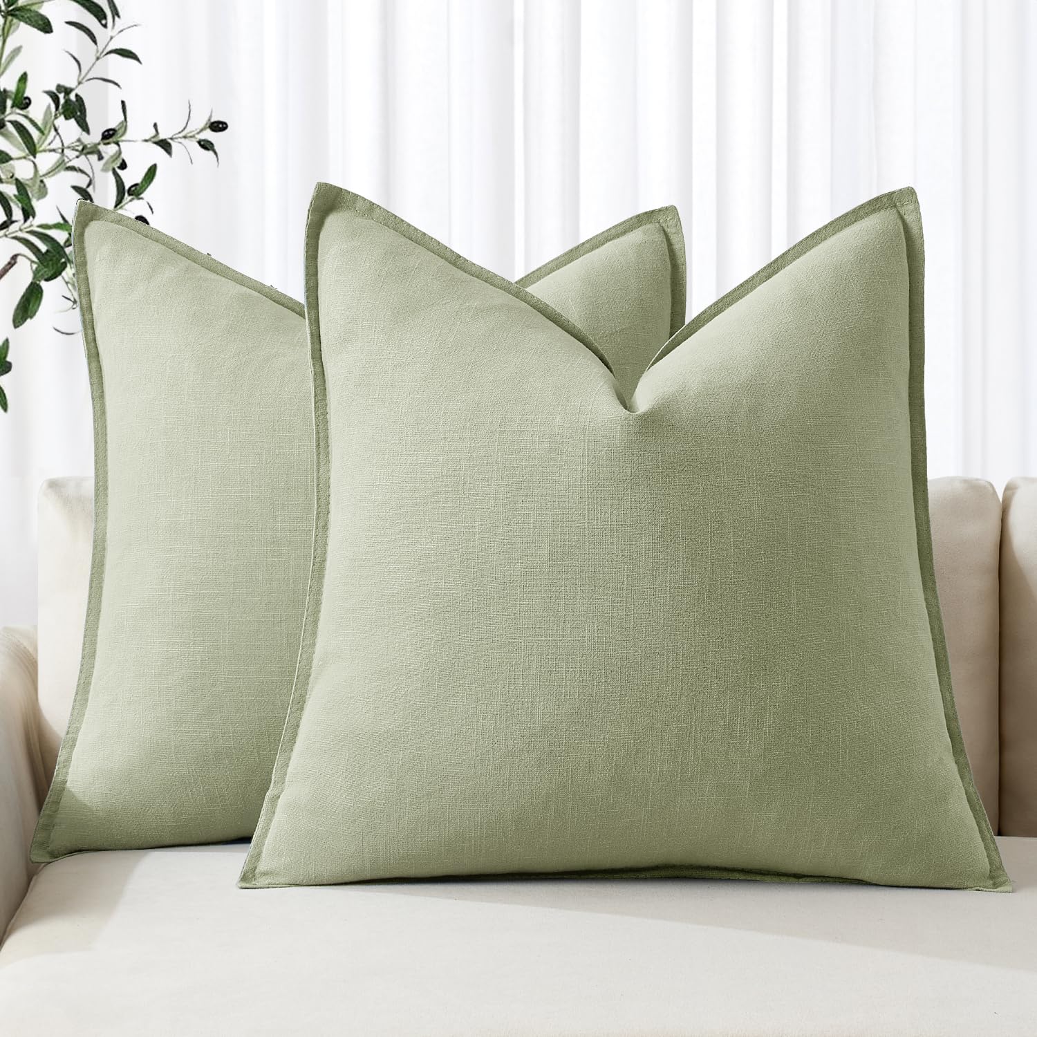 MIULEE Decorative Linen Pillow Covers 20x20 Inch Light Green Boho Farmhouse Neutral Spring Couch Throw Pillows for Bed Pack of 2