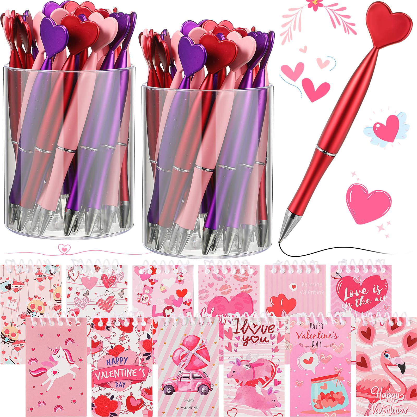 Sayglossy 72 Pcs Valentine'S Day Heart Shaped Pens And Mini Valentines Day Notepads Set Include 36 Heart Ballpoint Pens Black In