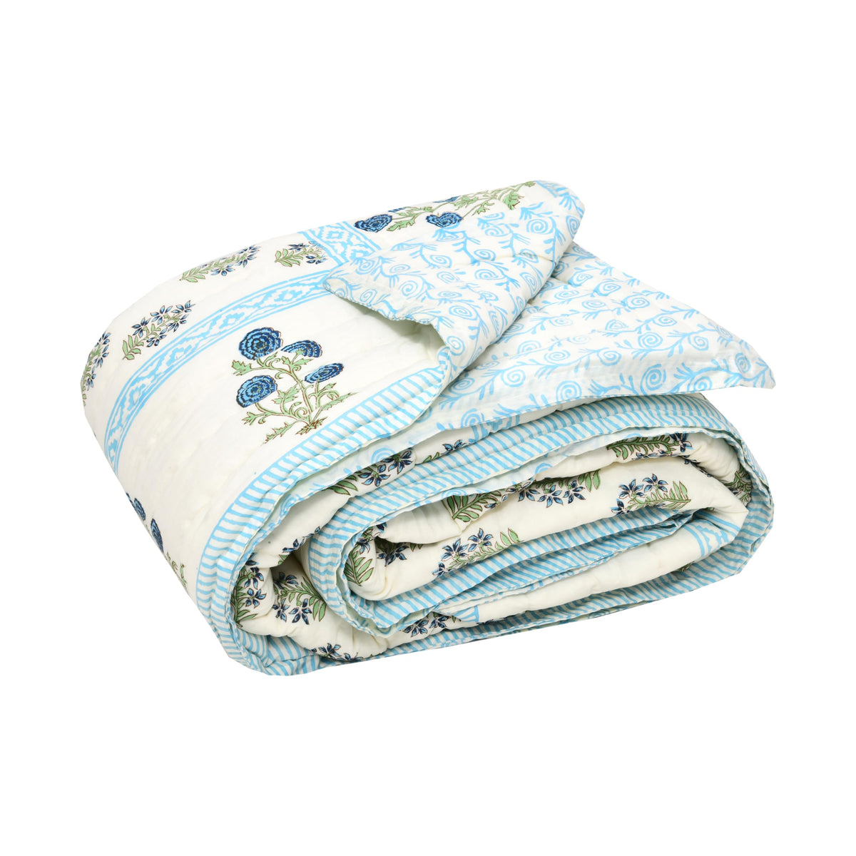 BLOCKS OF INDIA Cotton Medium/Queen Size Quilt Hand Block Print for Light Winters (70 x 100 Inches) (Blue Green Rose)