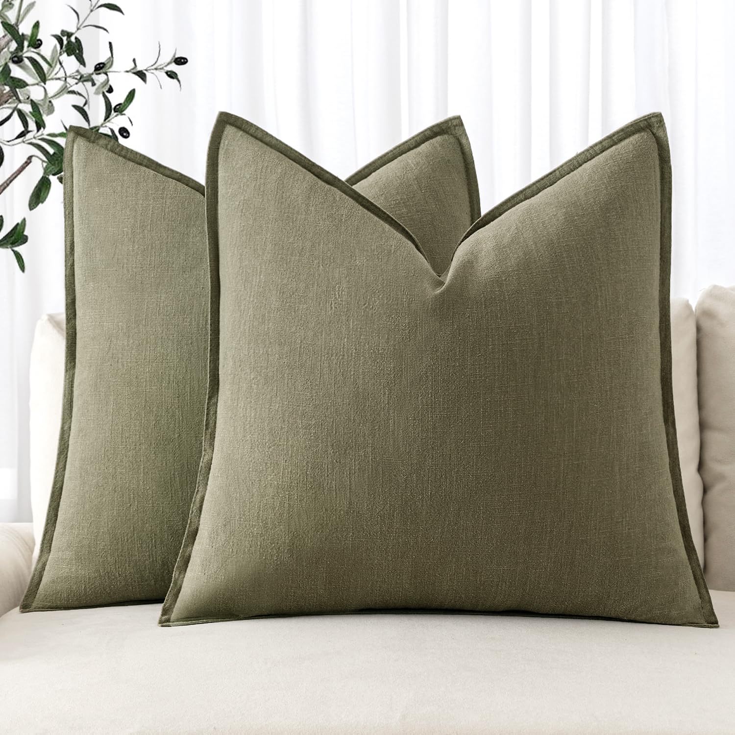 Miulee Linen Pillow Covers 20X20 Inch Light Olive Green ?Decorative Boho Farmhouse? ?Neutral Throw Pillows Pack Of 2 Soft Accent Couch Pillowcases Spring Modern Home Decor Sofa Cushion Livingroom Bed