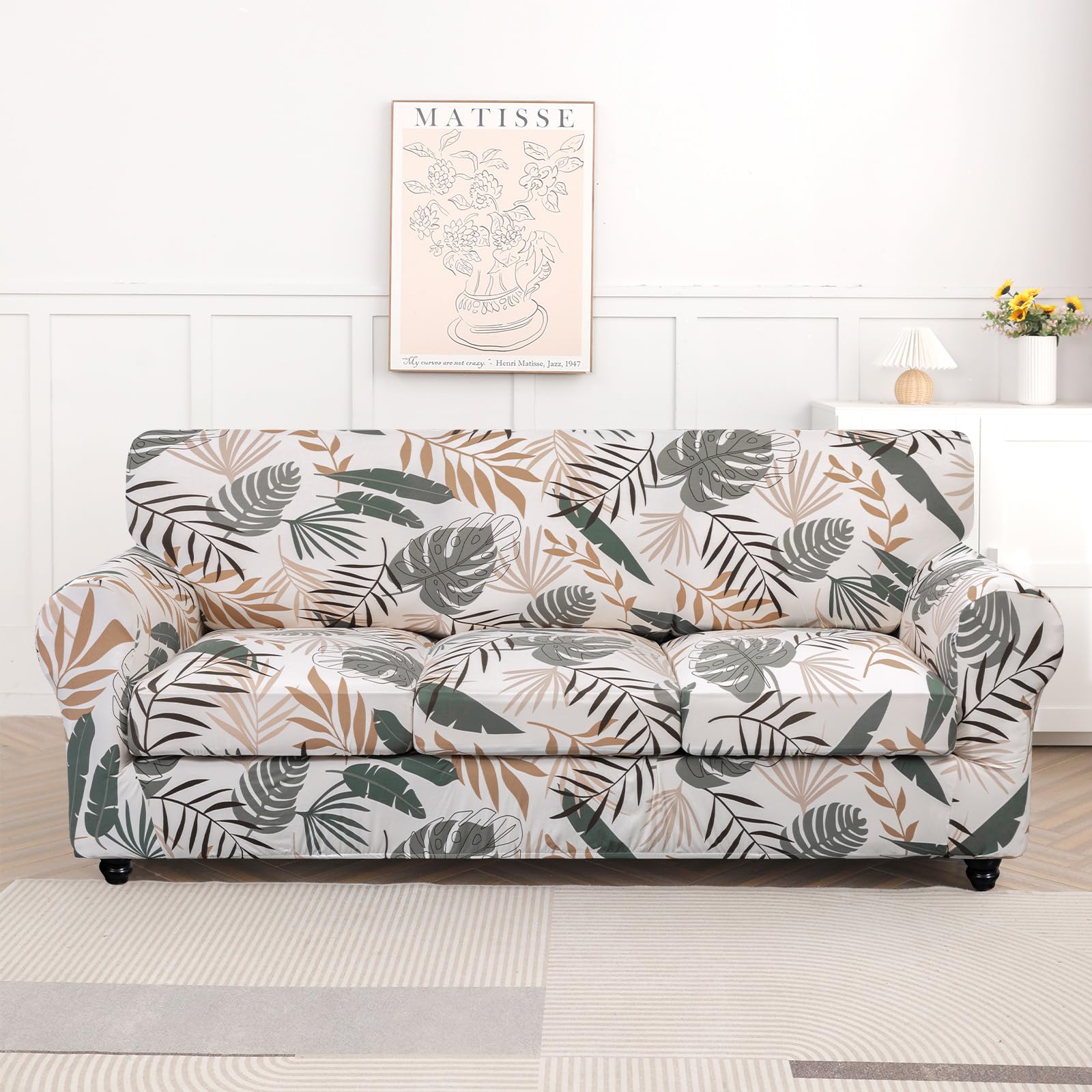 Searchi Stretch Sofa Cover Printed Couch Cover, Floral Pattern 4 Pieces Sofa Slipcover With 3 Separate Cushion Cover, Washable Furniture Protector For Living Room(Sofa, Botanical Palm)